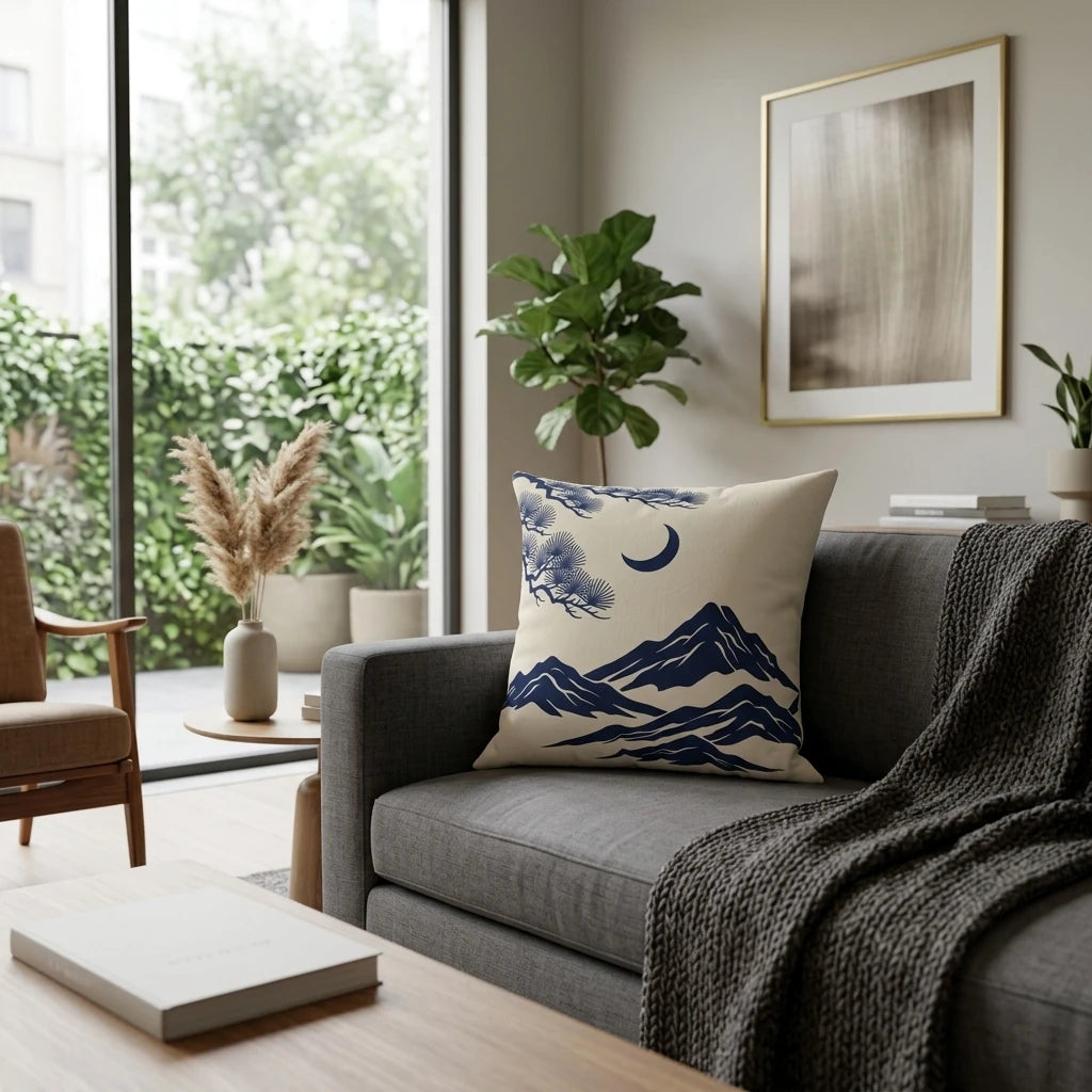 Cream decorative cushion with navy blue mountain landscape and moon design on a gray sofa in a modern living room setting.