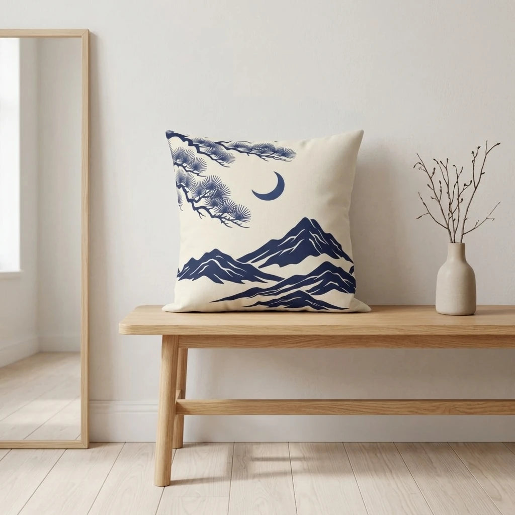 Blue mountain and moon design cushion on a wooden bench in a minimalist white room interior with a mirror.