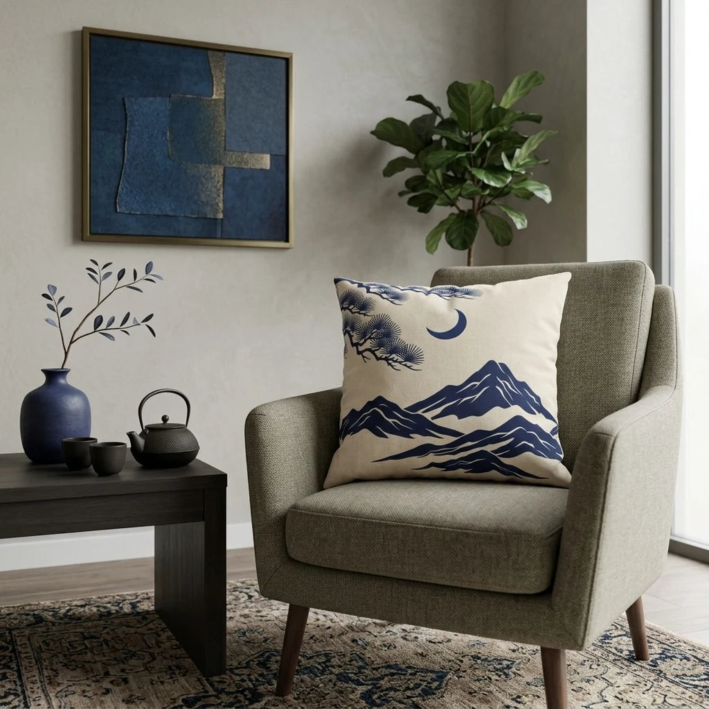 Cream throw pillow featuring a navy blue Japanese mountain and moon scene on a green armchair in a modern living room setting.
