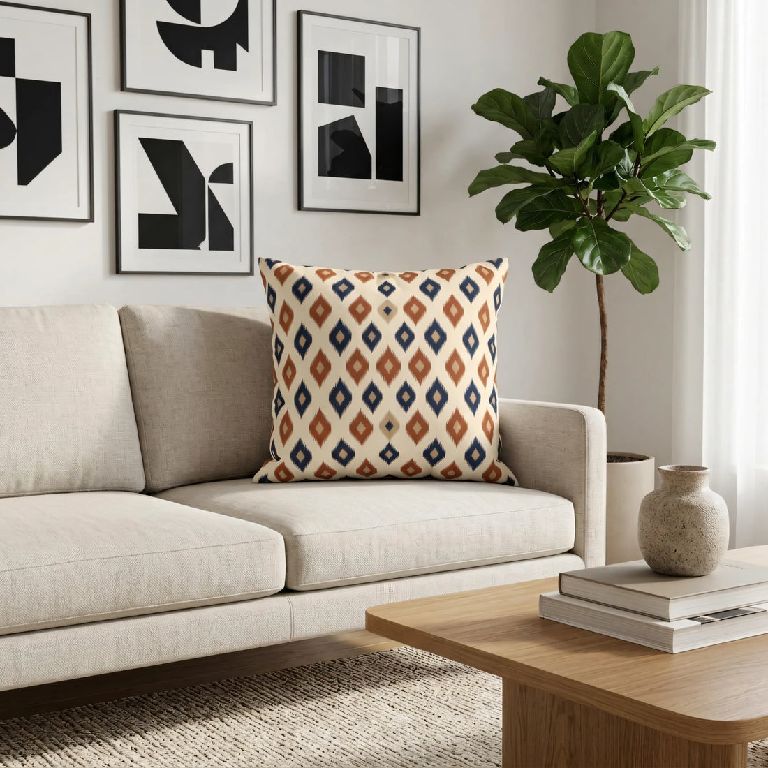 Front view of Bohemian Throw Pillow Cover White Blue Rust Fringed on a white background.