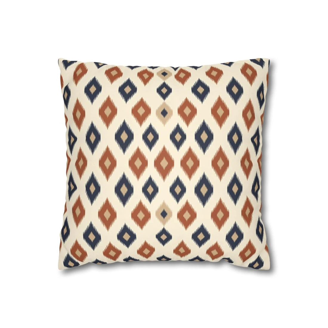 Front view of Bohemian Throw Pillow Cover White Blue Rust Fringed on a white background.