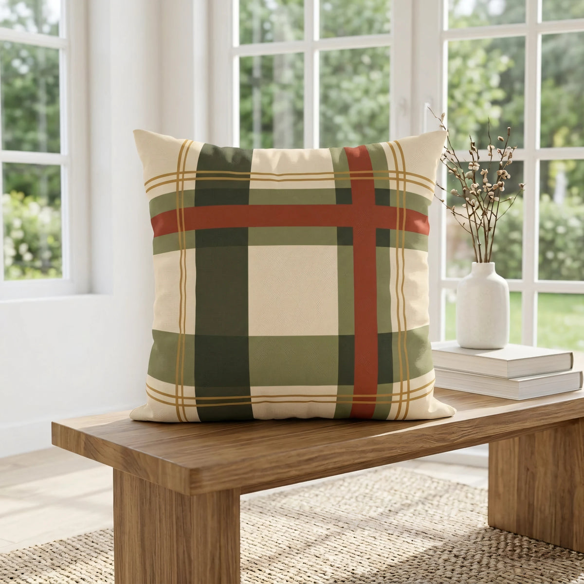Country Manor Cushion Cover Cream and Moss Bold Inter, lifestyle view.