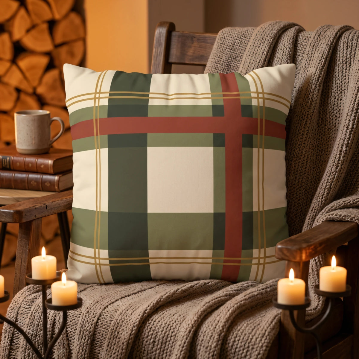 Country Manor Cushion Cover Cream and Moss Bold Inter, lifestyle view.
