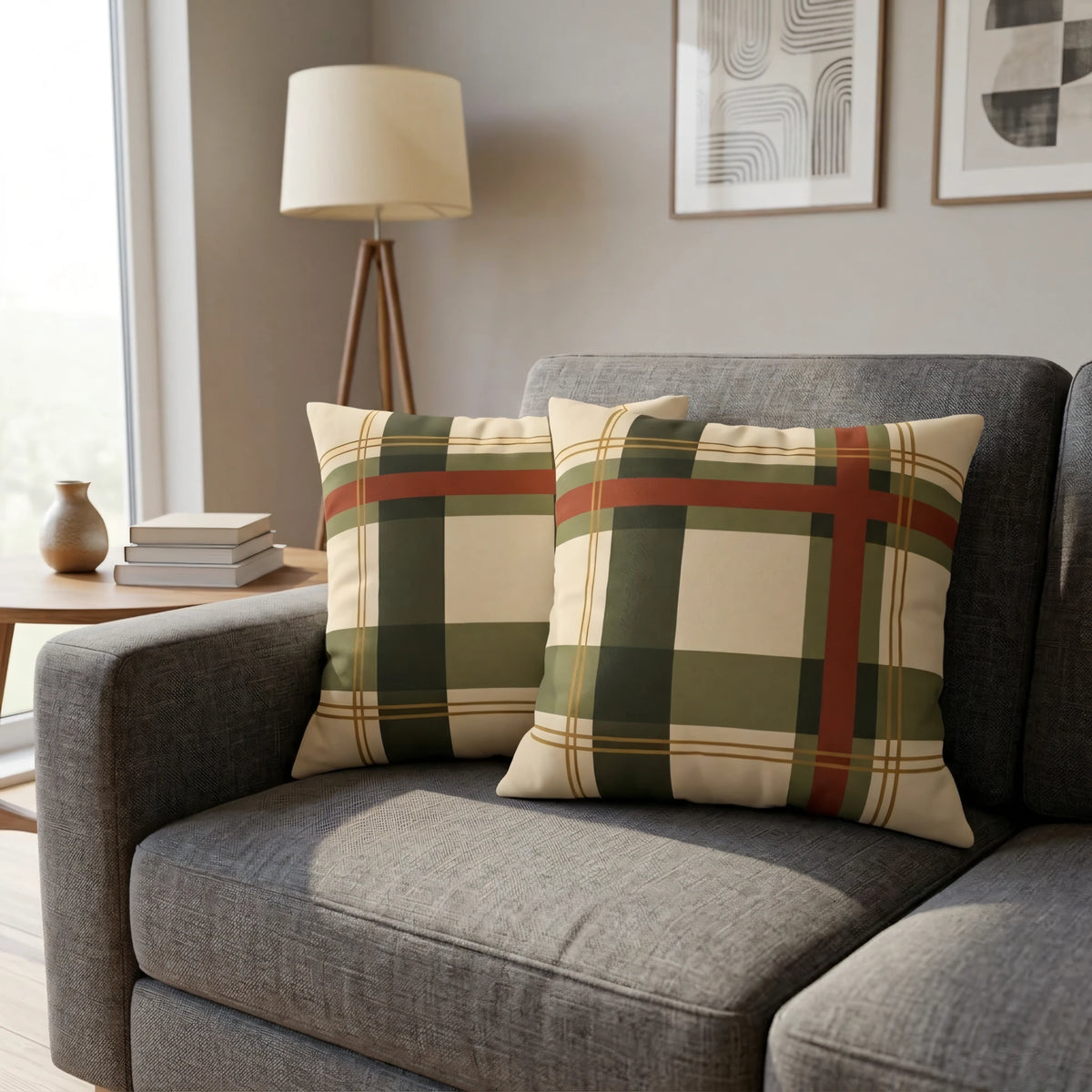 Country Manor Cushion Cover Cream and Moss Bold Inter, lifestyle view.