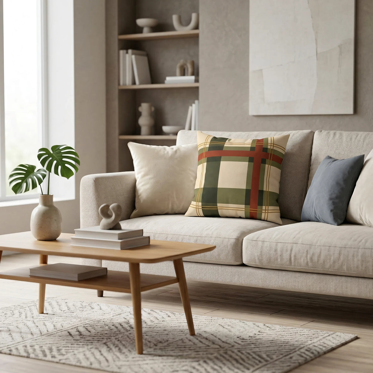 Country Manor Cushion Cover Cream and Moss Bold Inter, lifestyle view.