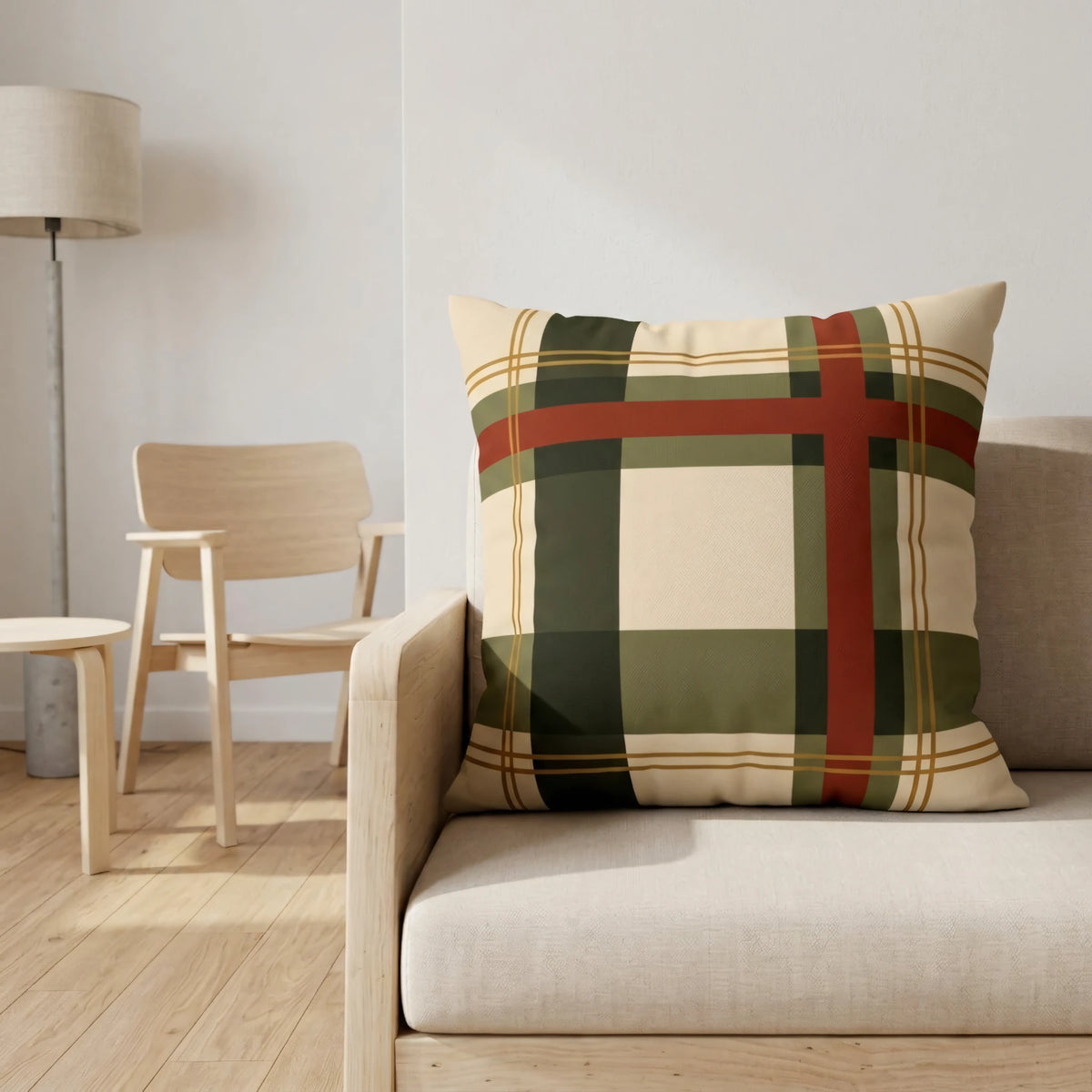 Country Manor Cushion Cover Cream and Moss Bold Inter, lifestyle view.