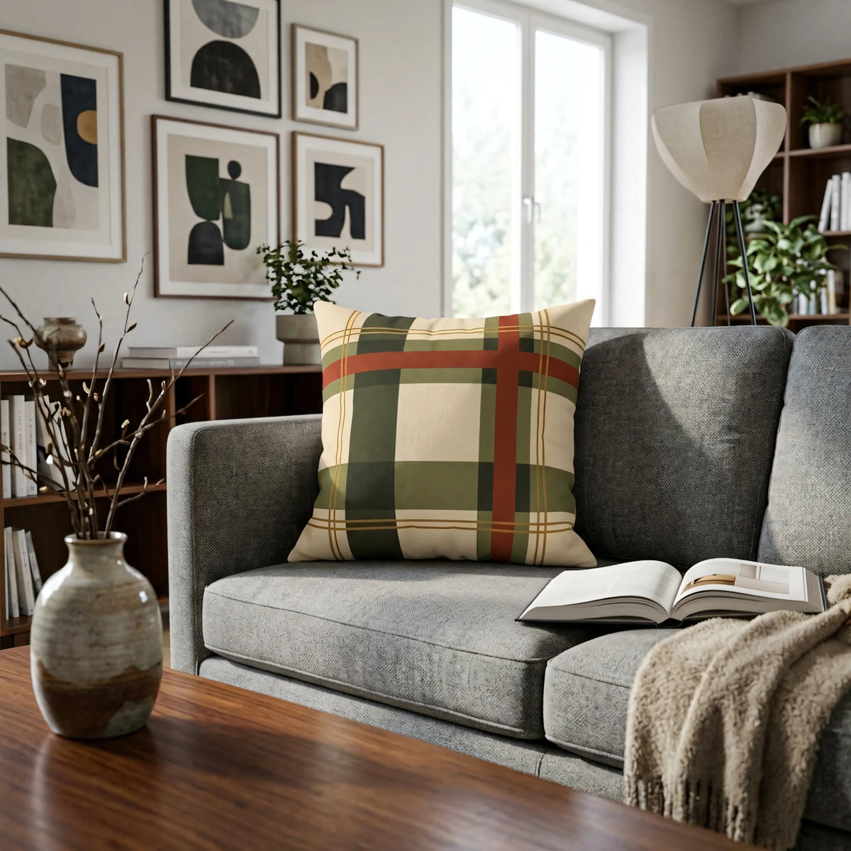 Country Manor Cushion Cover Cream and Moss Bold Inter, lifestyle view.