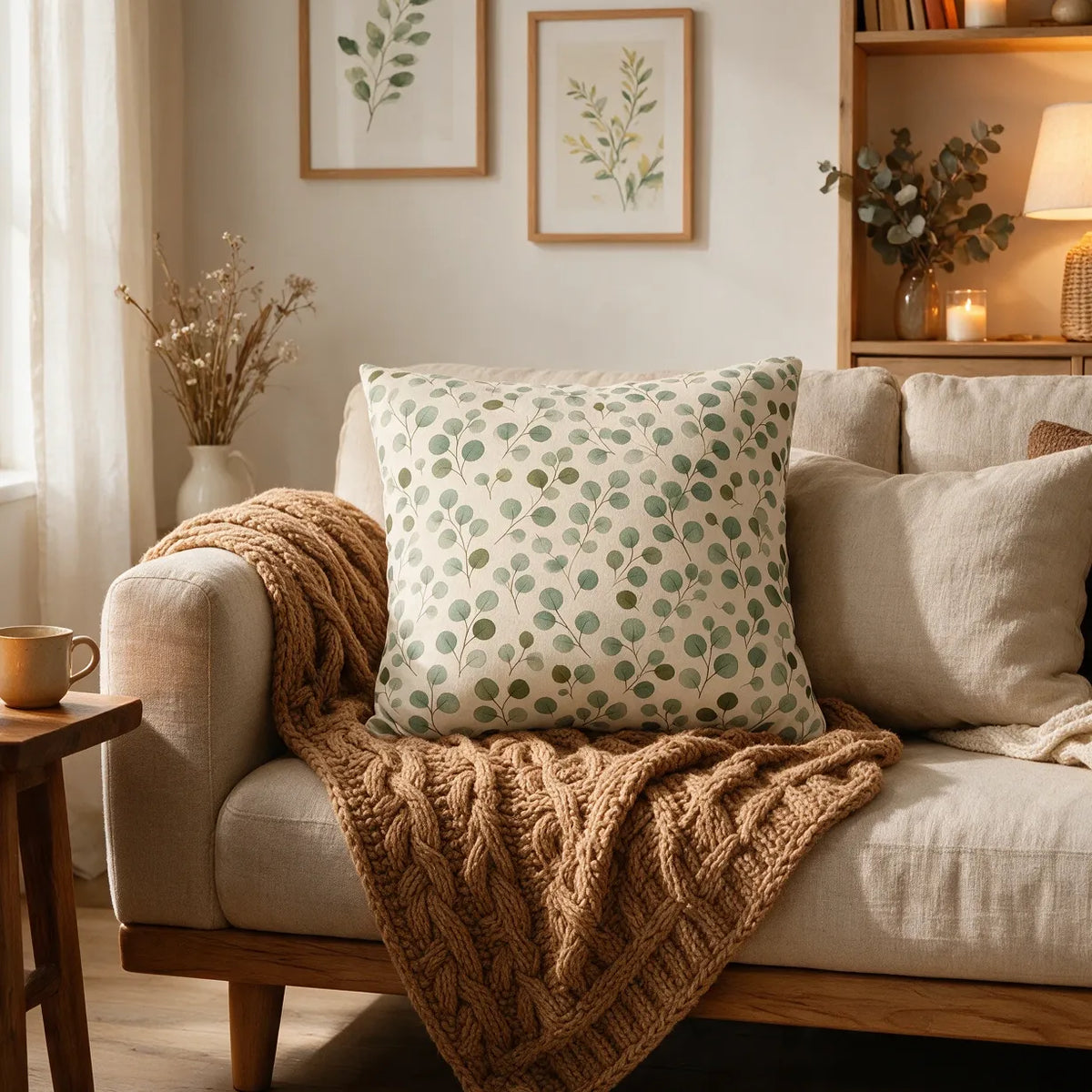 Botanical eucalyptus leaf print cushion on a beige sofa with a brown knit throw blanket in a cozy, warm-lit living room setting.
