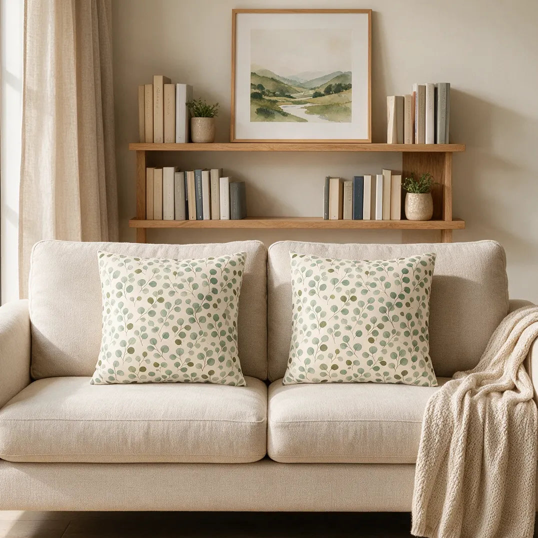 Pair of decorative cushions with green botanical leaf prints on a beige sofa in a bright, cozy living room with natural decor.