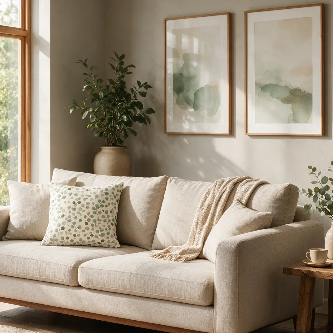 Cream decorative cushion with a green leaf pattern on a beige sofa in a bright, modern living room styled with natural wood accents.