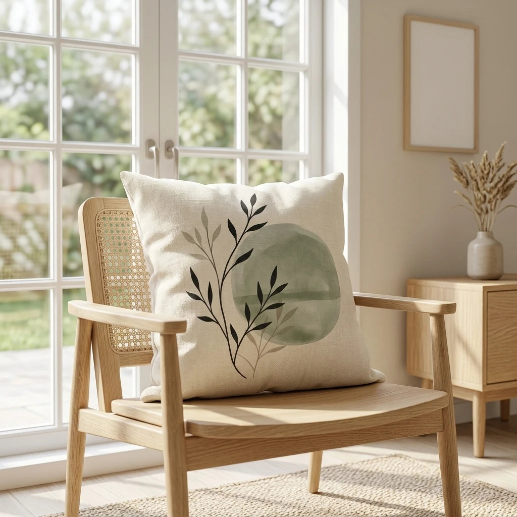Minimalist botanical cushion with sage green watercolor circle and black leaves on a wooden armchair in a bright, sunlit living room.