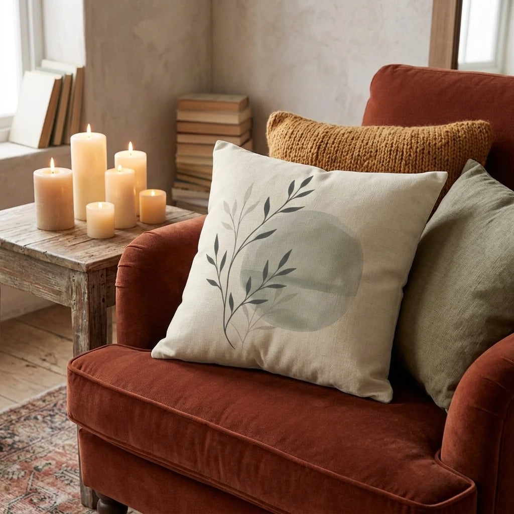 Minimalist botanical leaf print cushion on a rust velvet armchair, surrounded by lit candles in a cozy, warm home setting.