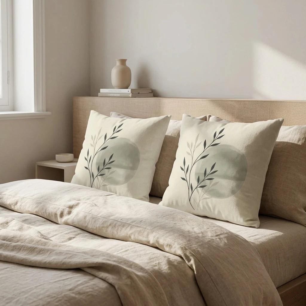 Minimalist botanical decorative cushions with sage green circles and black leaves on a cozy bed with neutral linens and a wooden headboard.