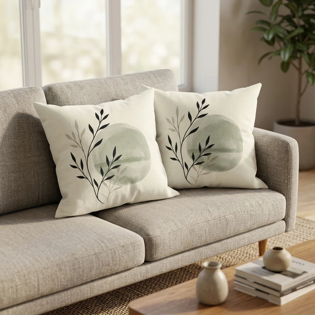 Two decorative pillows with botanical leaf art and sage green watercolor circles on a gray sofa in a bright, minimalist living room.