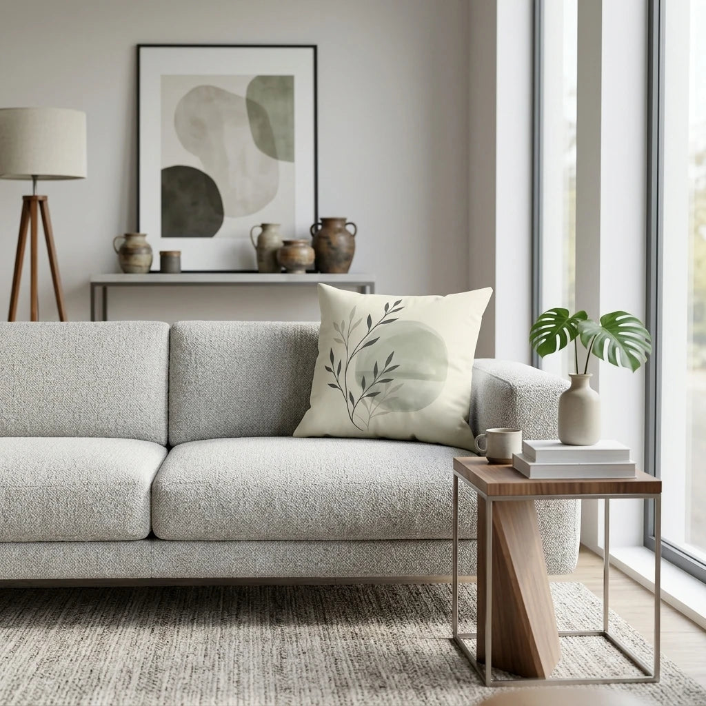 Cream throw pillow with a botanical leaf design on a textured grey sofa in a modern living room lifestyle setting.