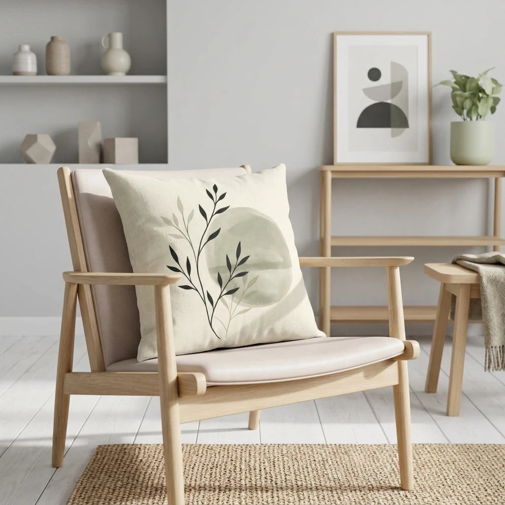 Cream minimalist throw pillow with sage green and black botanical patterns on a wooden armchair in a modern living room interior.