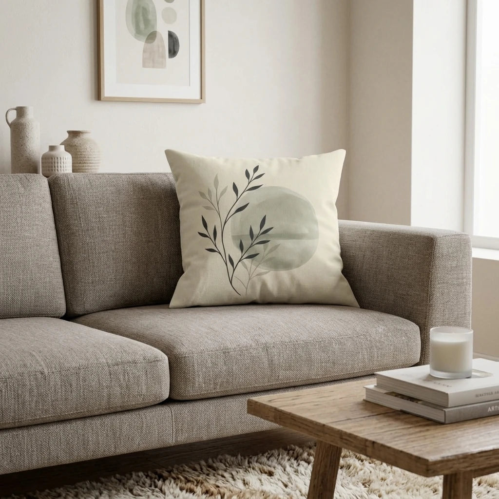 Minimalist botanical cushion featuring a green circle and leaf pattern on a grey sofa in a modern living room with neutral home decor.