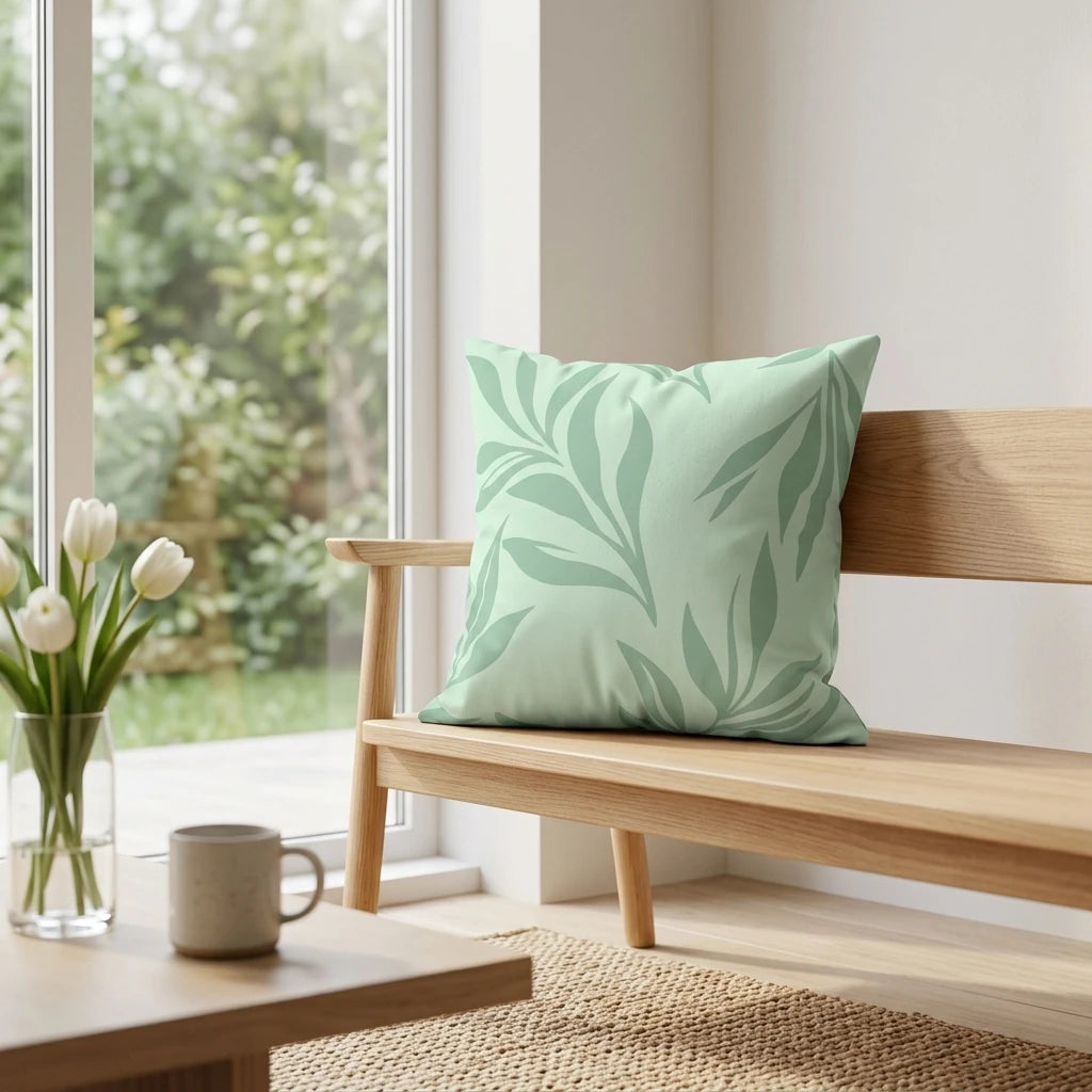 Mint green botanical cushion with a sage leaf pattern on a wooden bench in a bright, modern living room next to a window with flowers.