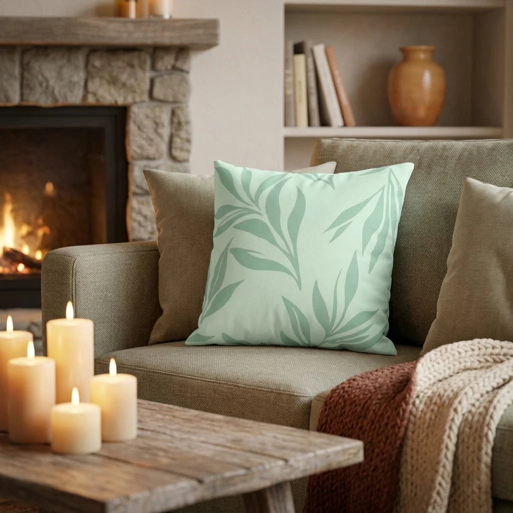 Mint green leaf pattern cushion on a comfortable couch in a cozy living room with a warm fireplace and glowing candles.