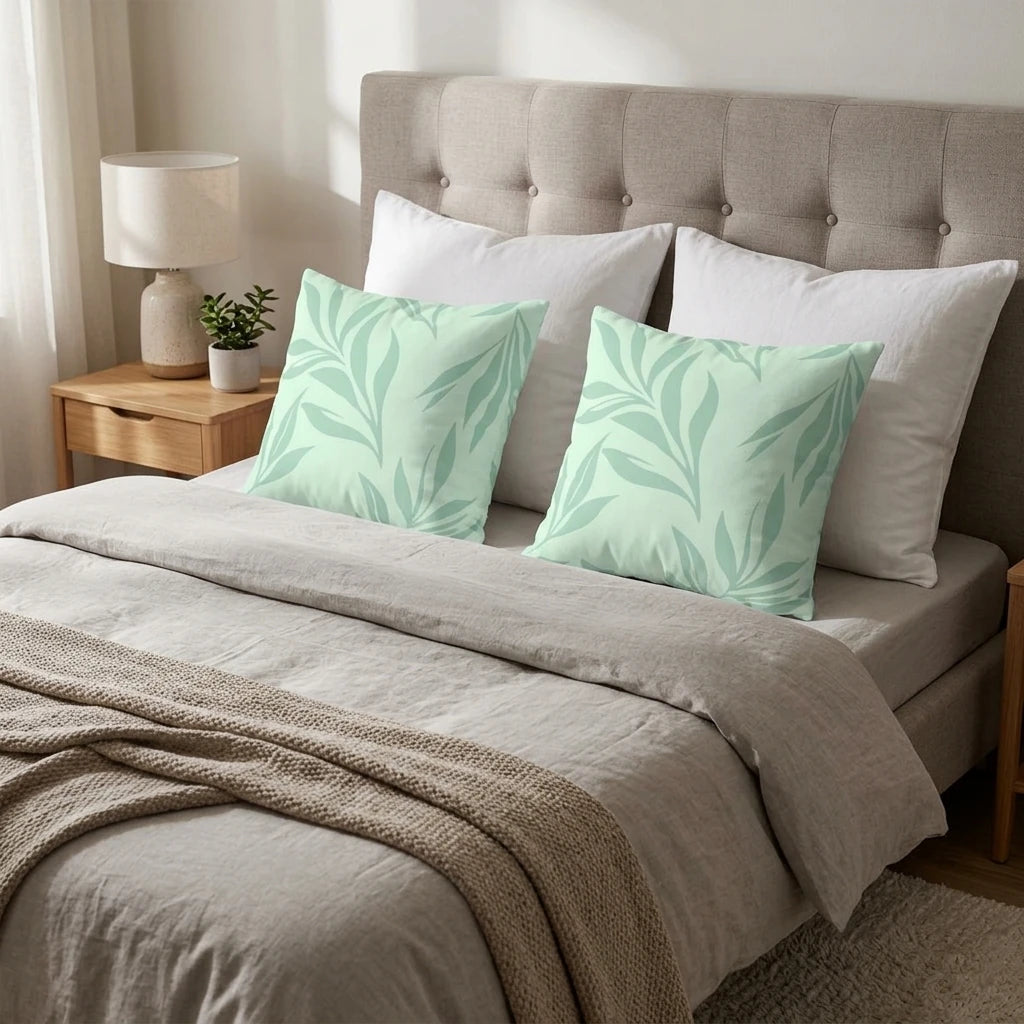 Two mint green leaf pattern cushions on a bed with a beige tufted headboard and neutral linens in a cozy, bright lifestyle bedroom setting.