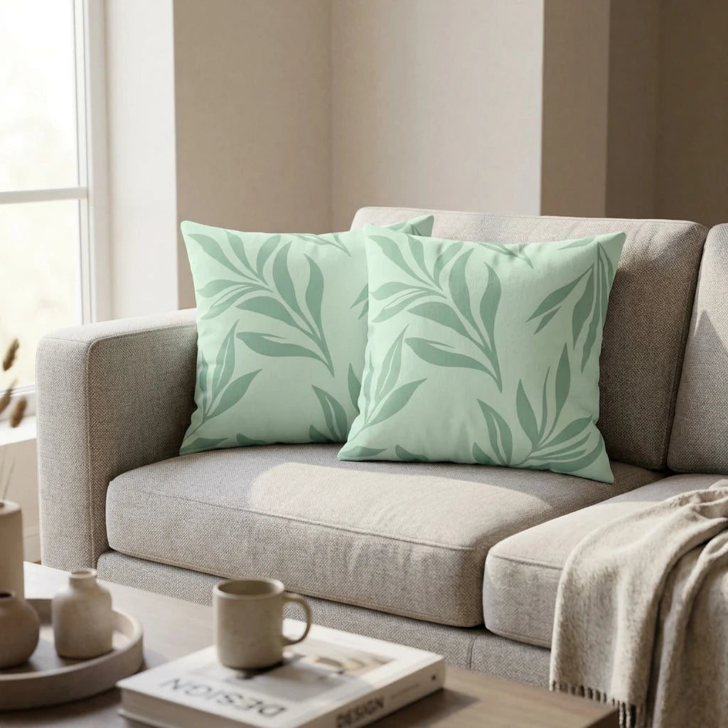 Two mint green cushions with a sage botanical leaf pattern on a beige fabric sofa in a bright, modern living room lifestyle setting.