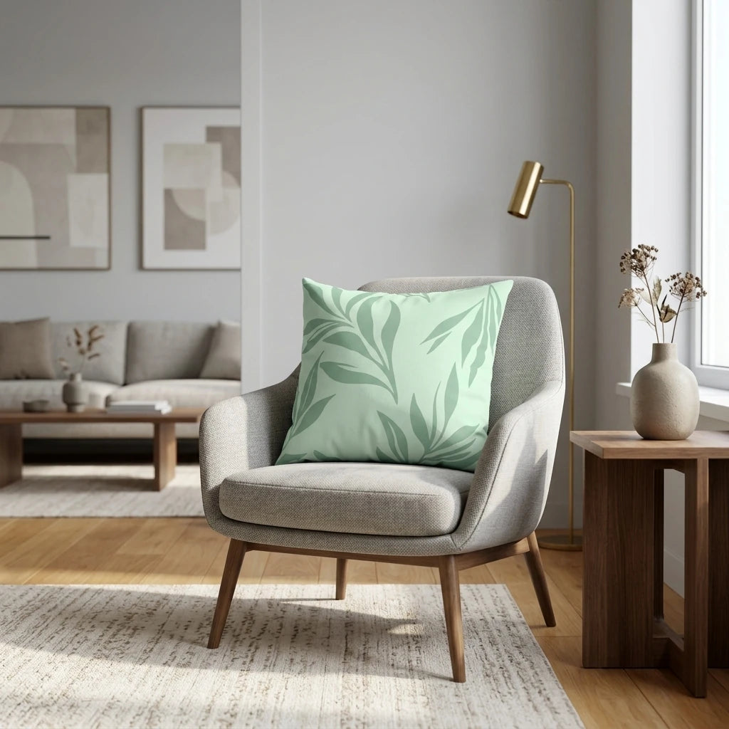 Sage green leaf pattern cushion on a grey armchair in a bright, modern living room with a wooden side table.