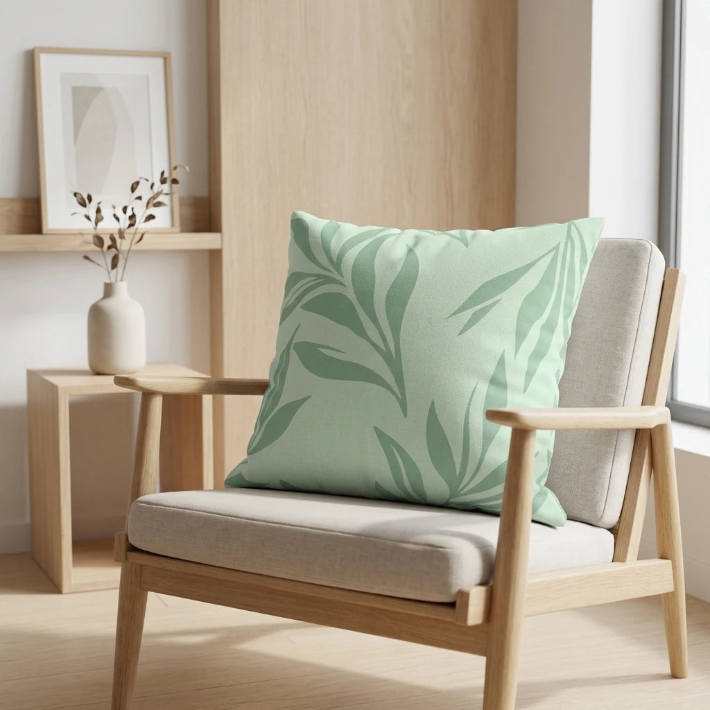 Green leaf pattern throw pillow on a light wooden armchair in a minimalist interior setting with neutral decor and natural light.