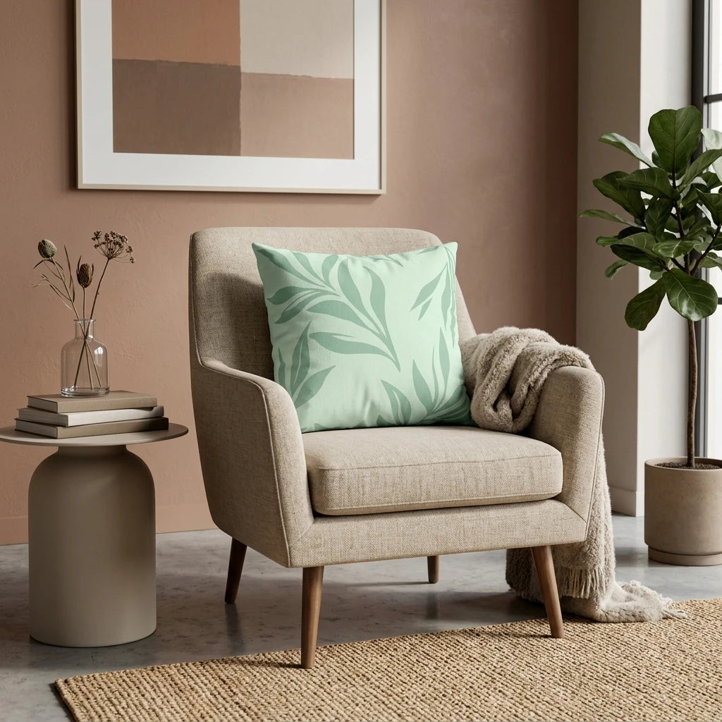 Decorative mint green cushion with a leaf pattern on a beige armchair in a warm, minimalist living room lifestyle shot.