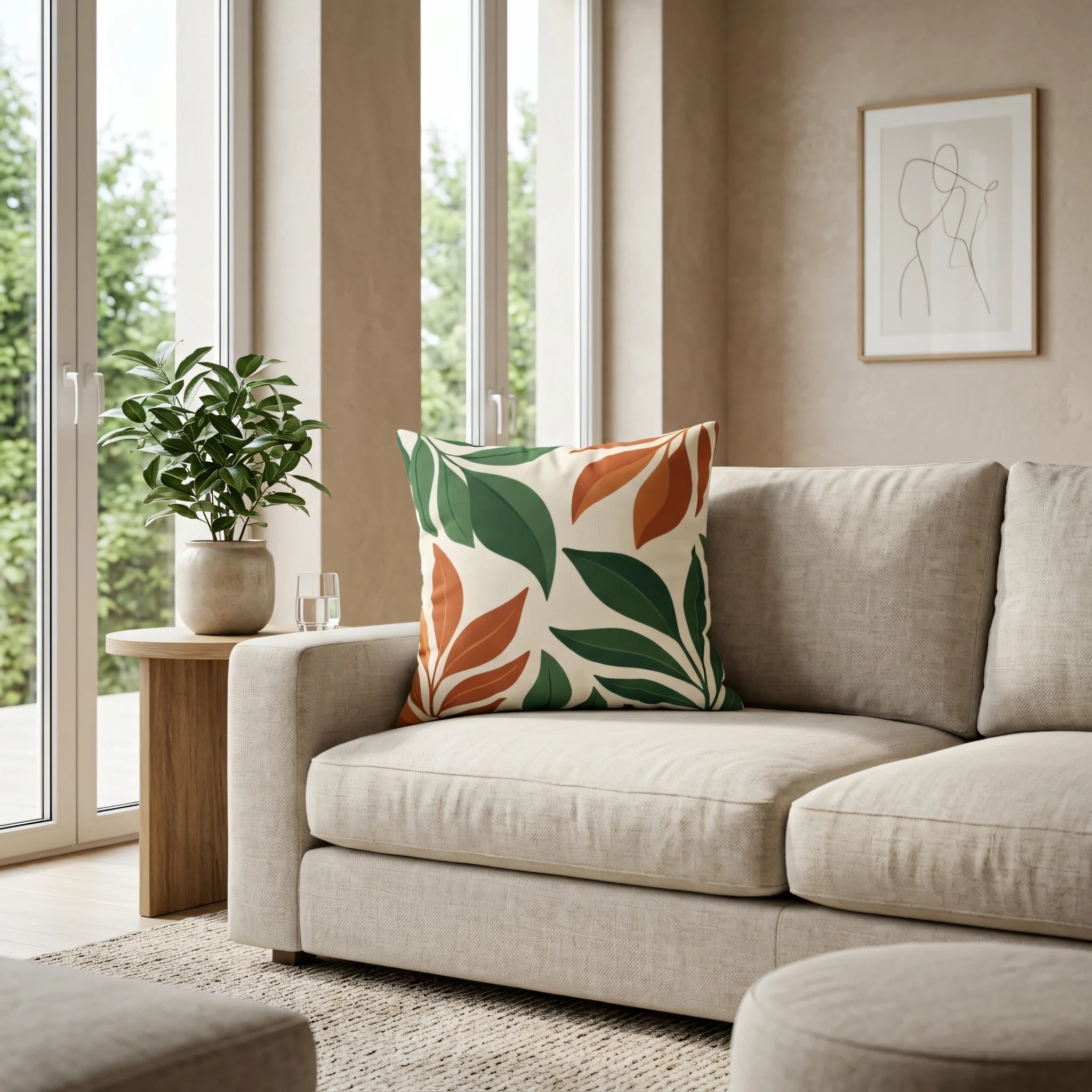 Decorative pillow with green and orange botanical leaf patterns on a beige sofa in a bright, modern living room with large windows.