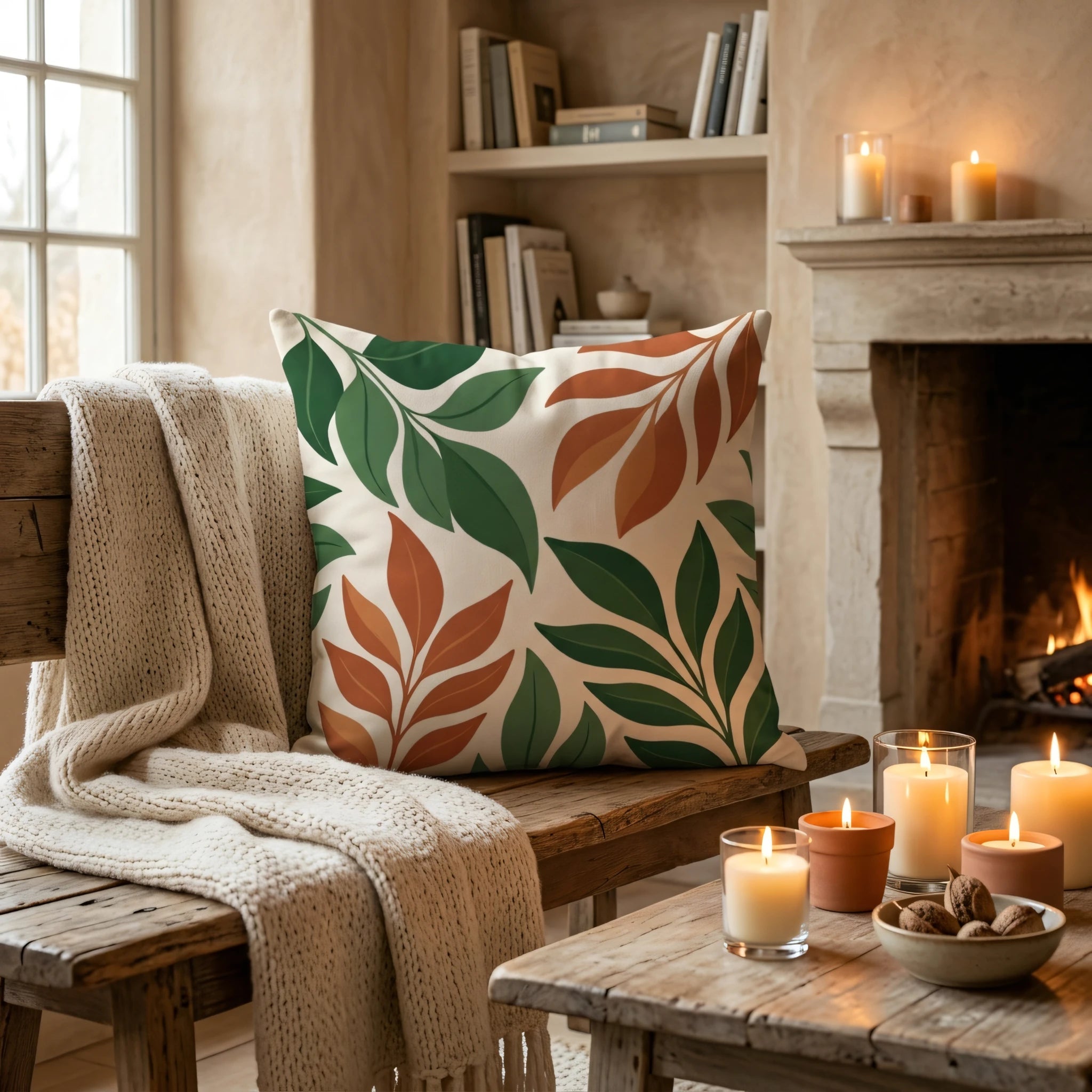 Decorative throw pillow with green and rust leaf pattern on an orange armchair in a cozy living room with lit candles and a chunky knit blanket.
