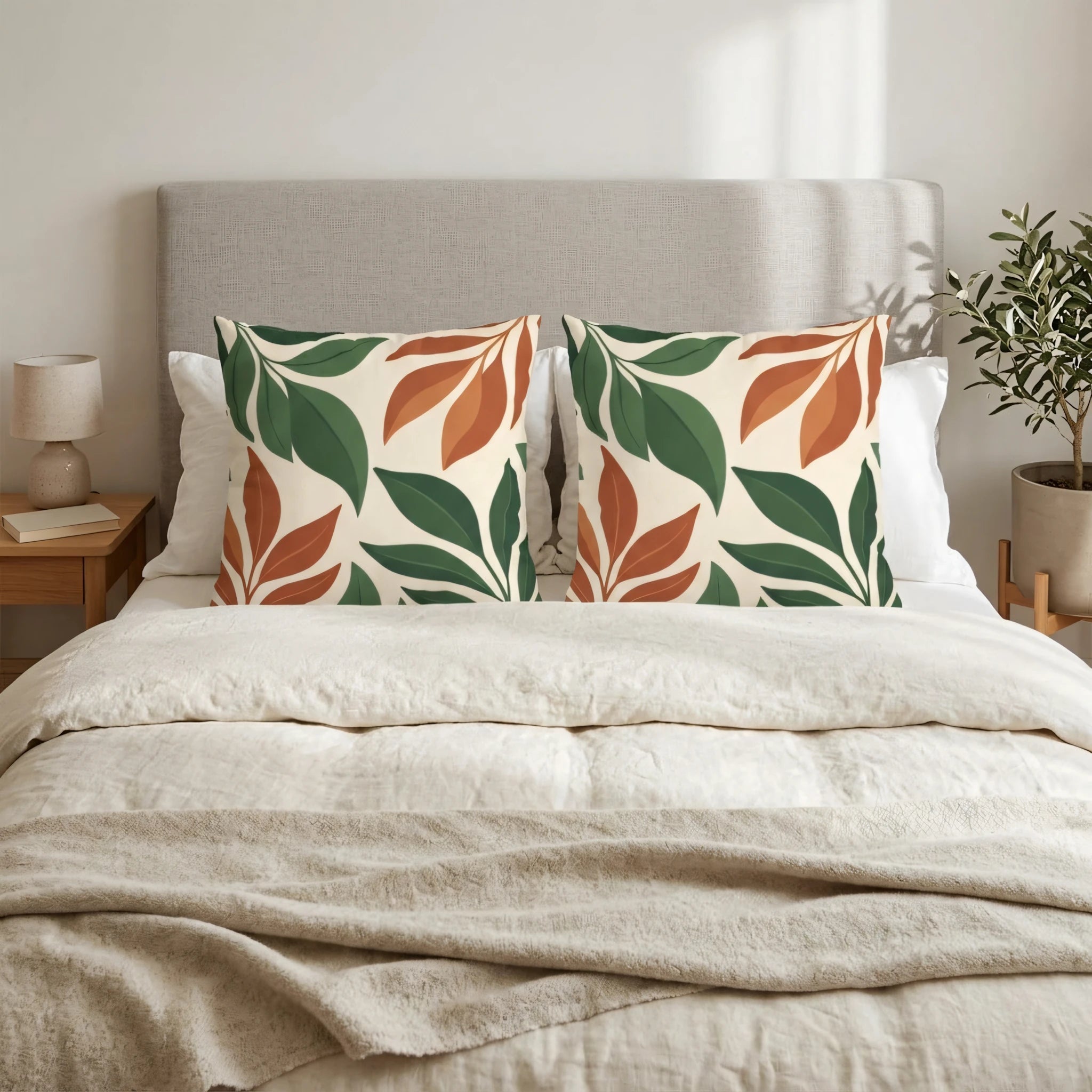 Two botanical leaf print pillows in green and terracotta on a neutral bed with a grey headboard in a modern, light-filled bedroom.