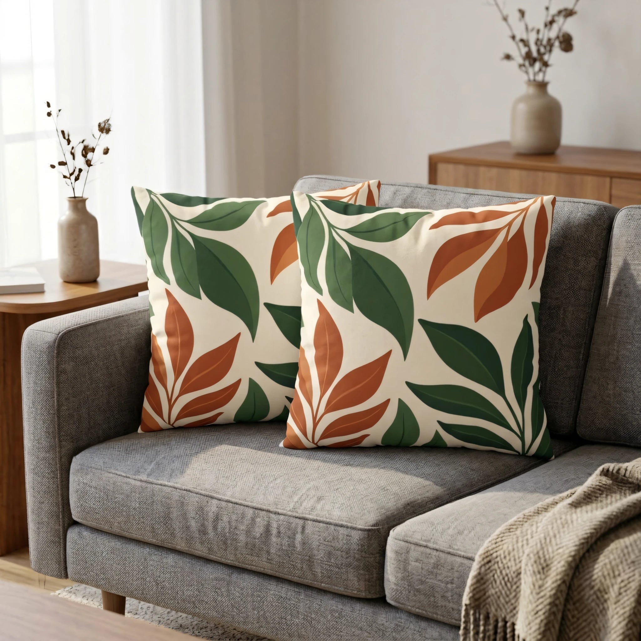 Pair of decorative pillows with botanical leaf prints in green and terracotta on a gray sofa, styled in a bright, modern living room.