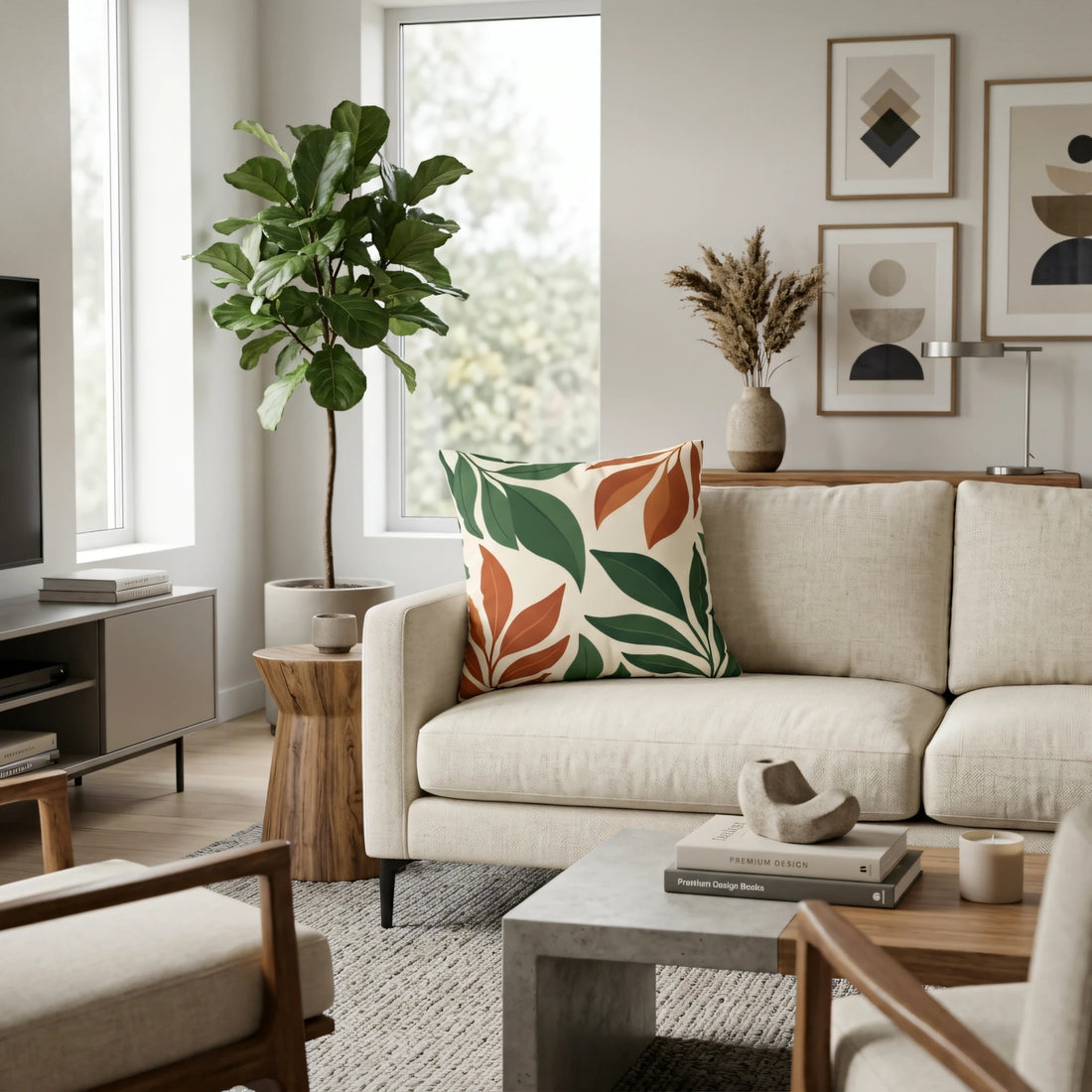 Modern leaf print throw pillow in green and terracotta orange on a neutral sofa in a minimalist living room setting with a fiddle leaf fig.