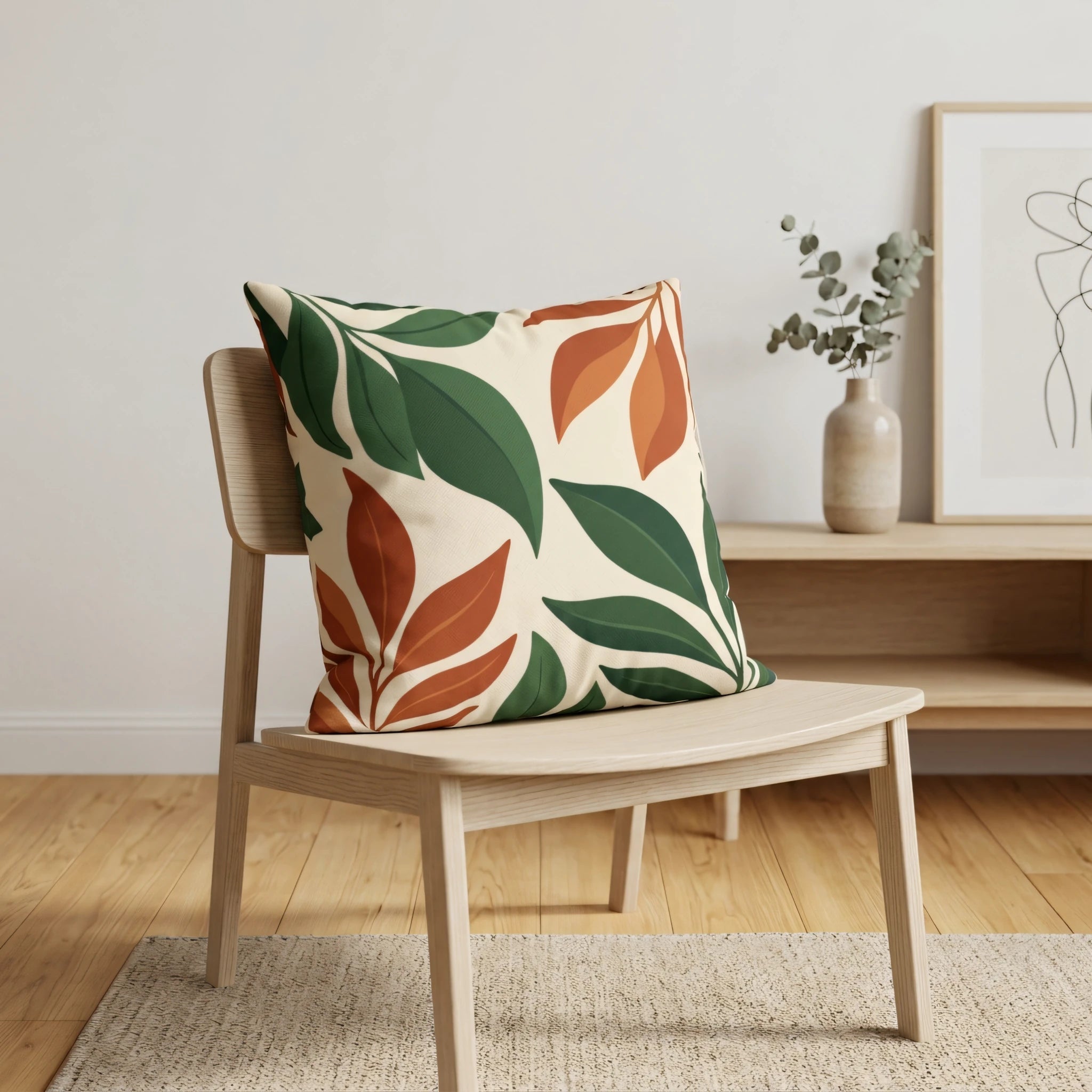 Botanical throw pillow with green and rust leaf patterns on a wooden chair in a bright, minimalist interior room setting.