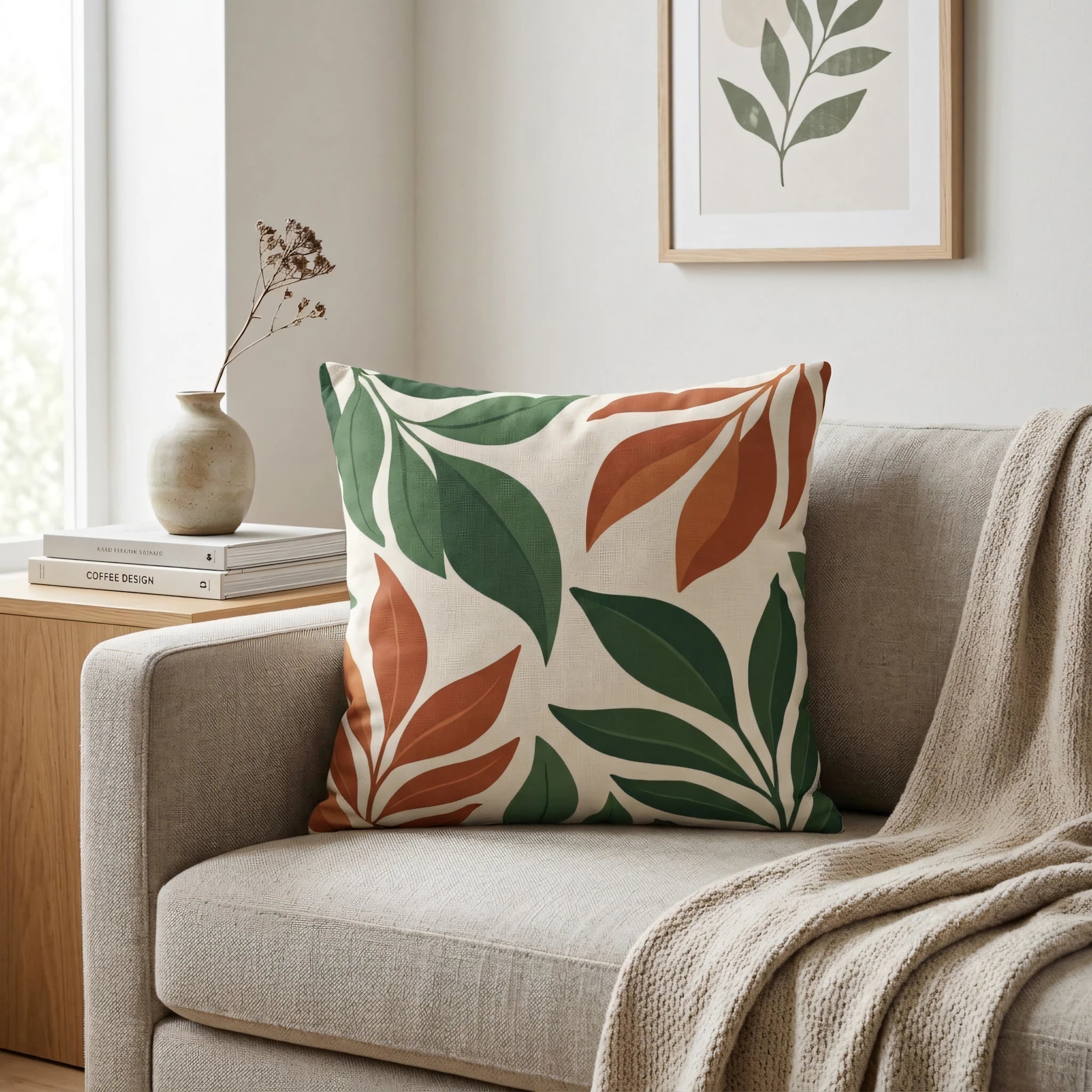Decorative cushion with green and terracotta botanical leaves on a beige sofa in a bright, modern living room with minimalist decor.