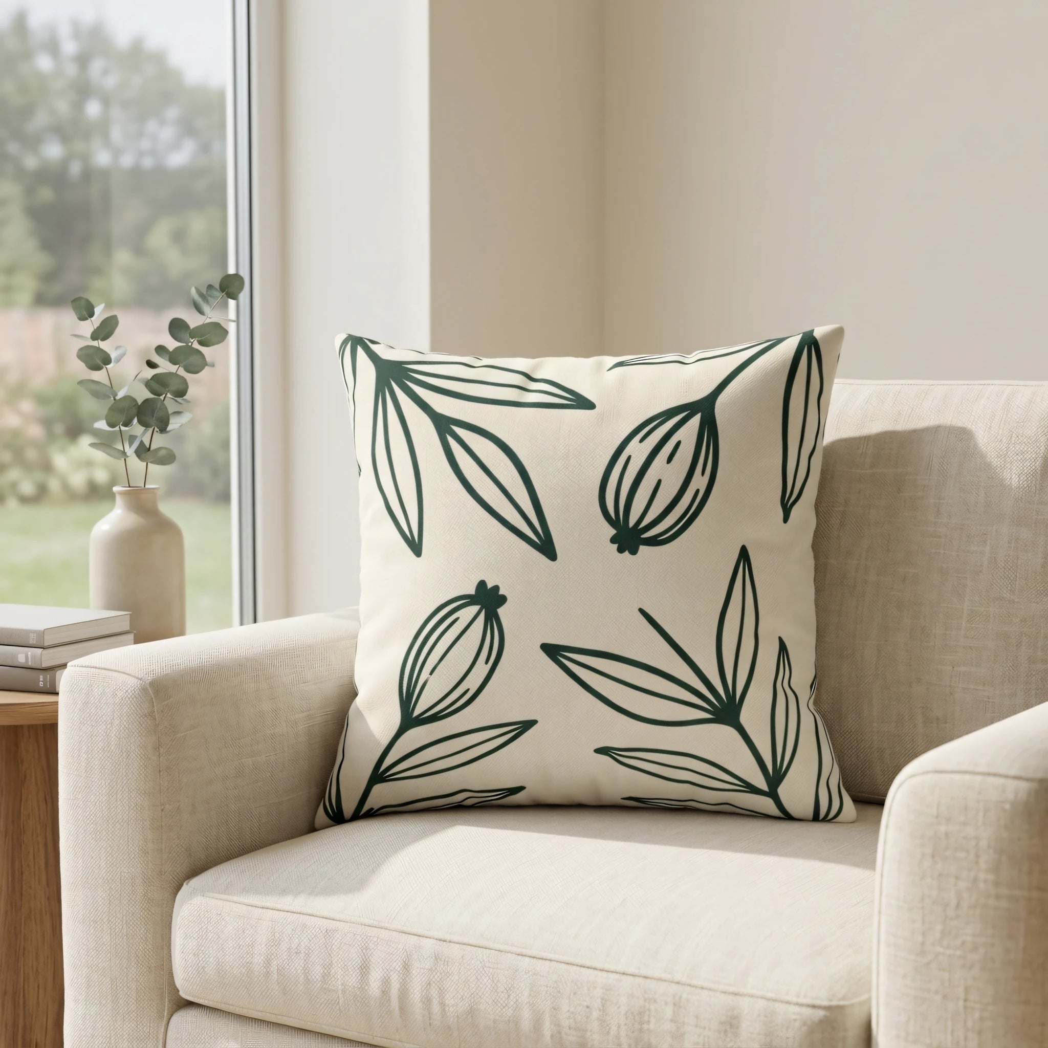 Decorative cream throw pillow with dark green botanical leaf patterns on a beige armchair in a bright, sunlit room with a window view.