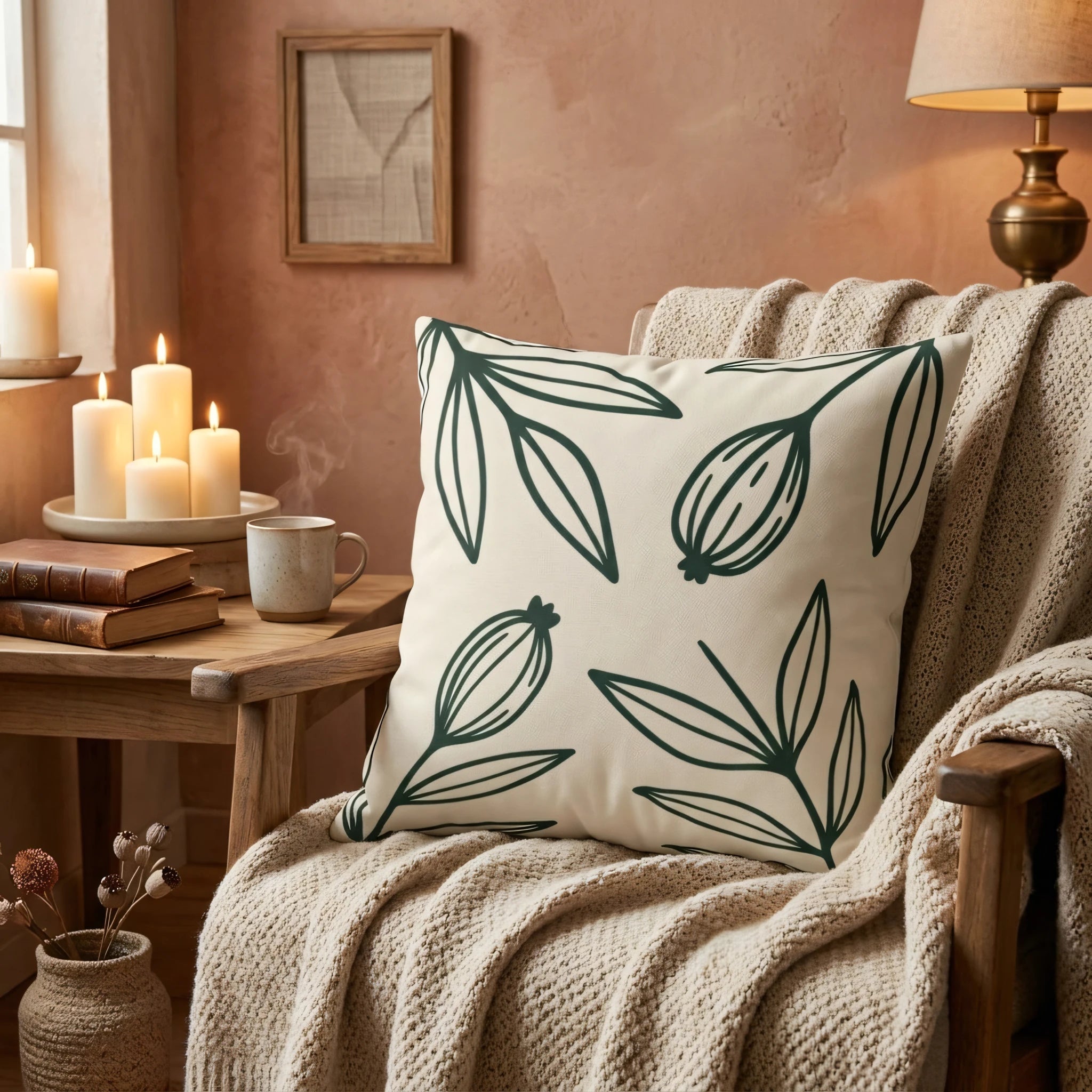 Cream cushion with a green botanical leaf print on a cozy wooden armchair with a knit throw blanket and candles in a warm-toned lifestyle scene.