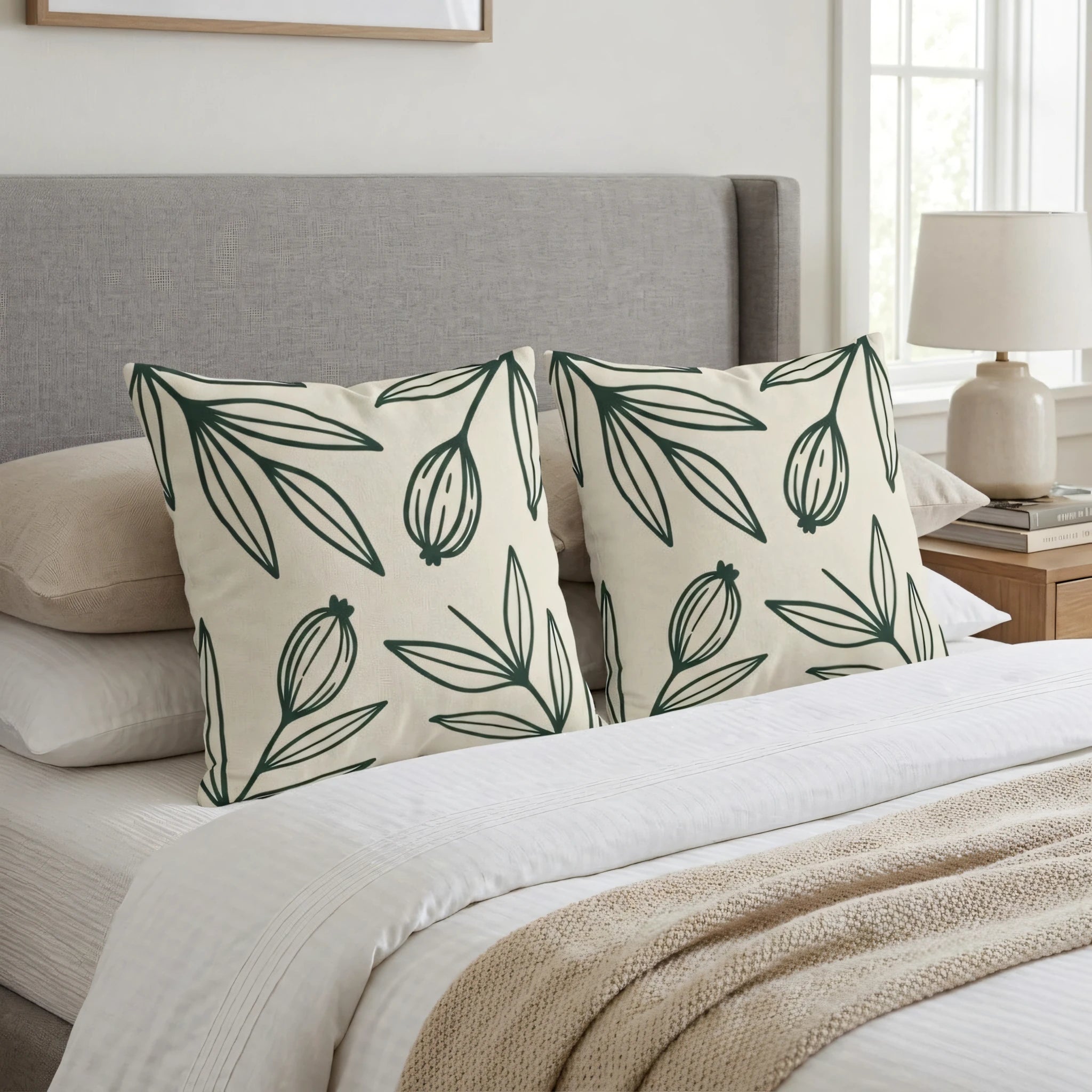 Two cushions with a green botanical leaf pattern on a bed with white linens and a grey headboard in a modern bedroom setting.