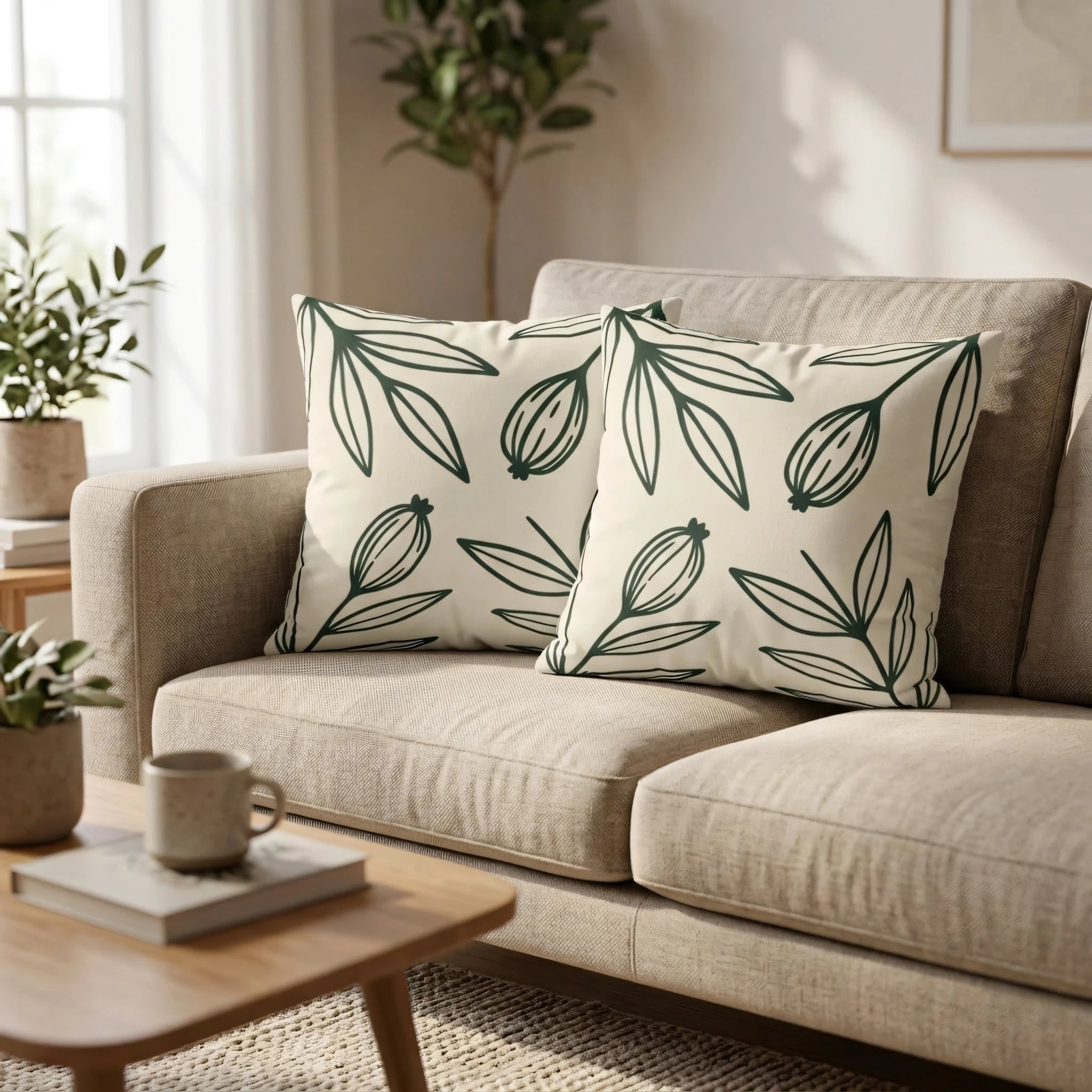 Two cream cushions featuring dark green botanical leaf patterns on a beige sofa in a cozy, bright living room with indoor plants and decor.