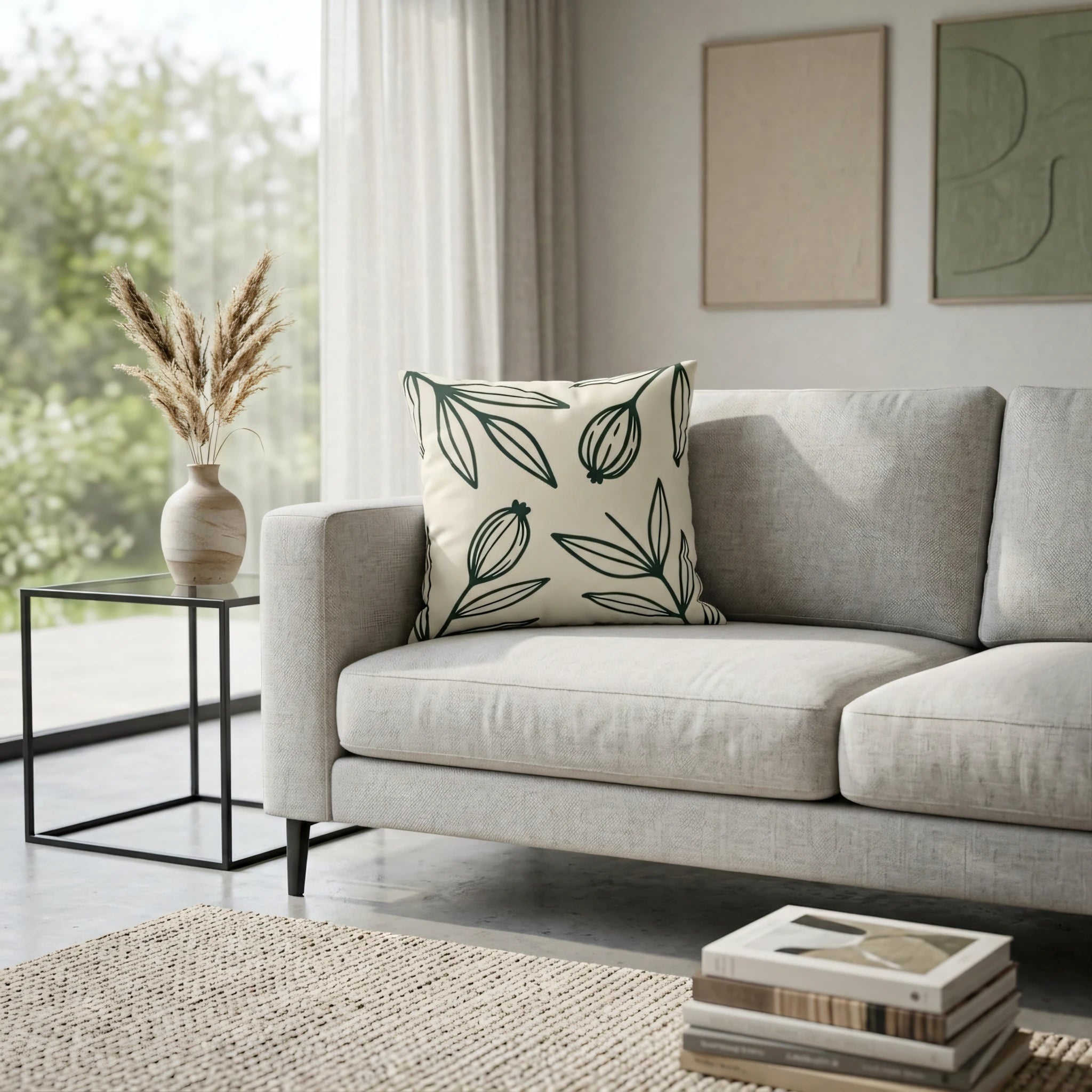 Cream cushion with dark green botanical leaf print on a grey sofa in a modern minimalist living room setting with natural light.