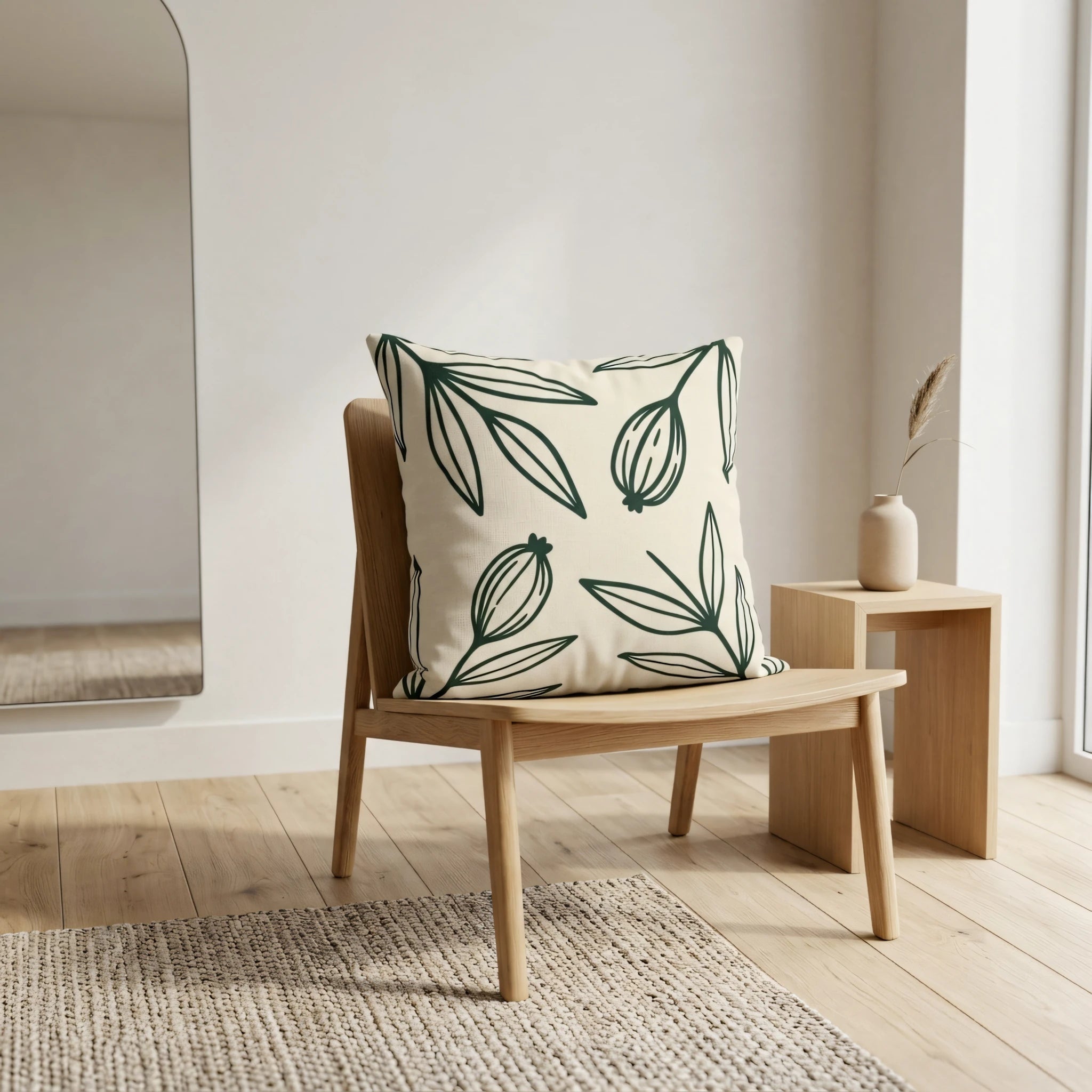 Cream throw pillow with a dark green botanical leaf pattern on a light wood chair in a bright minimalist interior with a wooden side table.