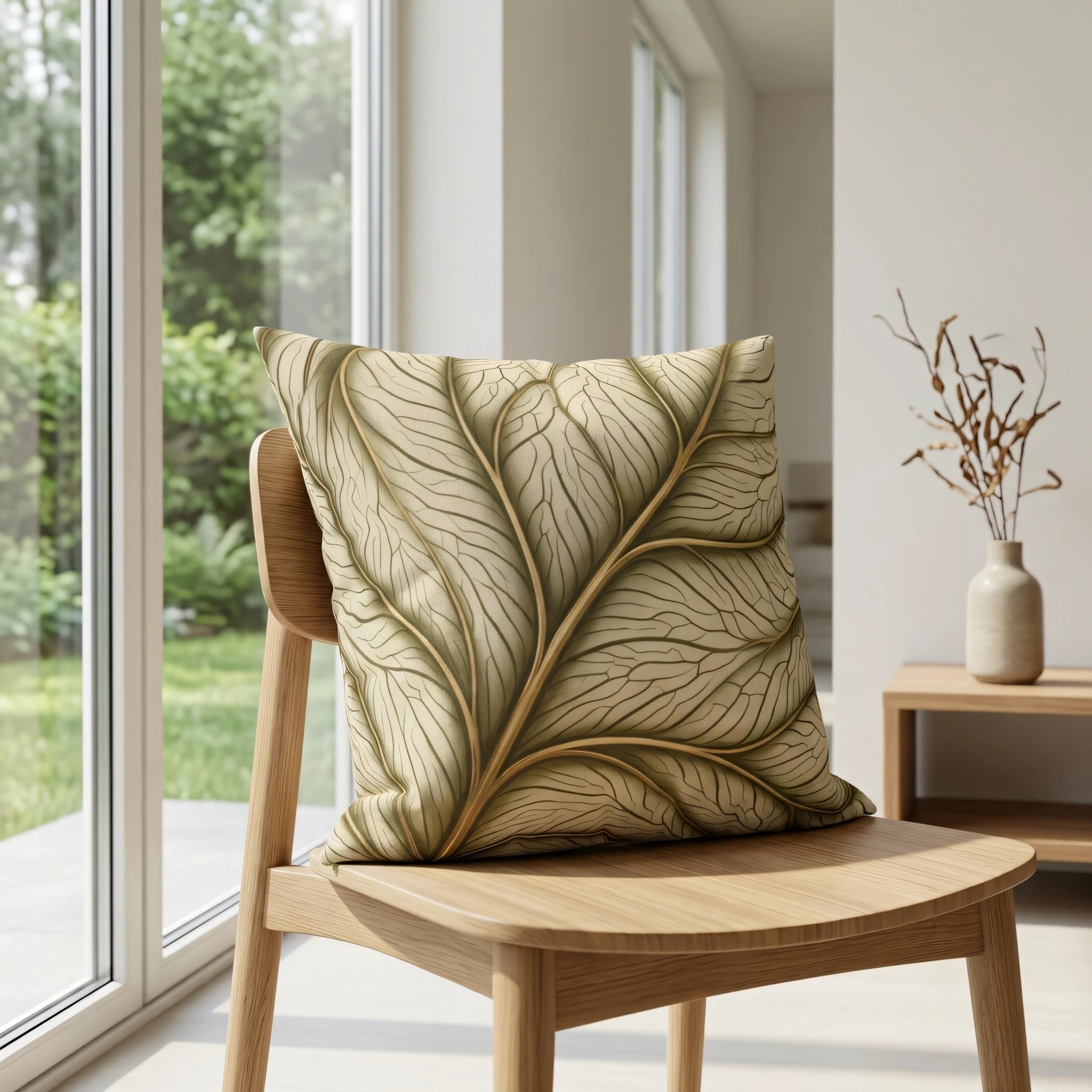 Sage green botanical cushion with gold leaf veins on a wooden chair in a bright modern interior lifestyle setting by a large window.