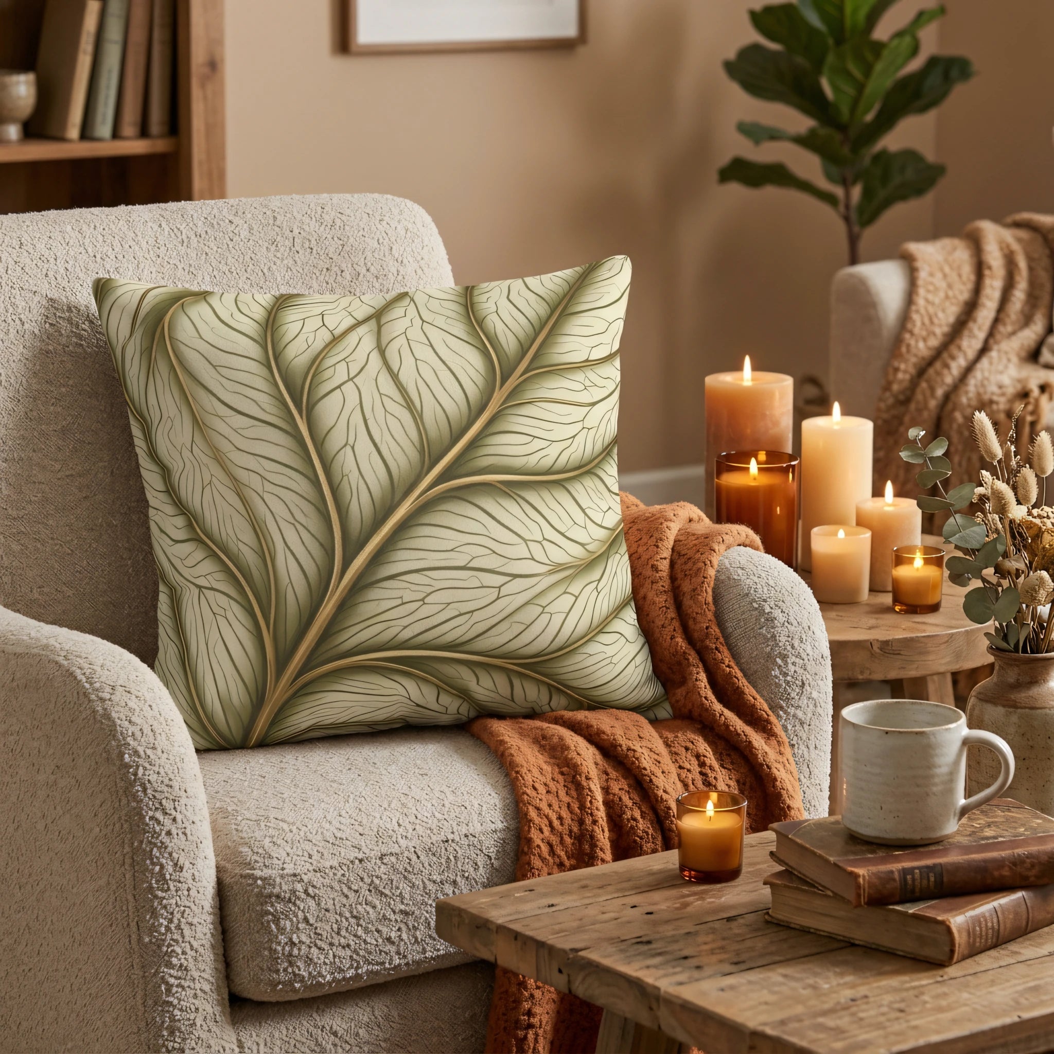 Botanical leaf print cushion on a beige armchair with a warm orange throw, surrounded by candles for a cozy living room atmosphere.