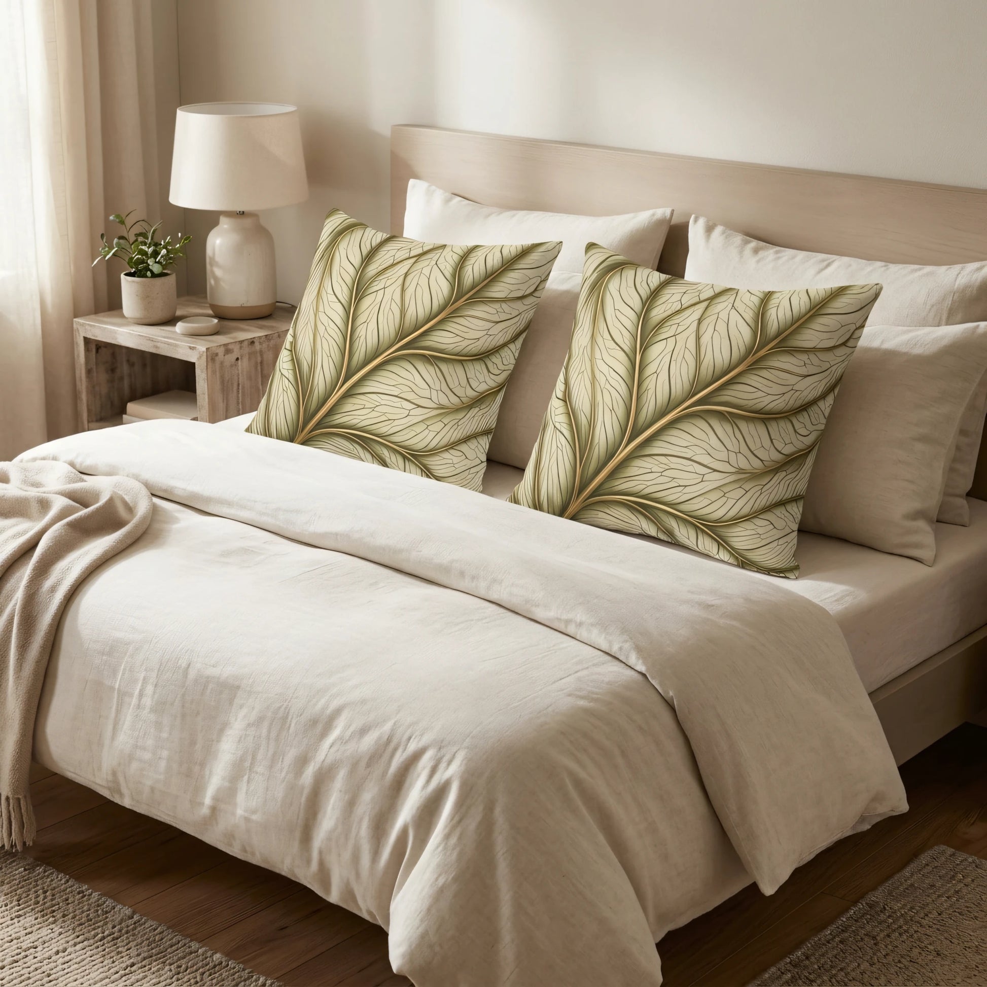 Decorative cushion duo with a botanical leaf and gold vein pattern displayed on a beige bed in a warm, contemporary bedroom interior.