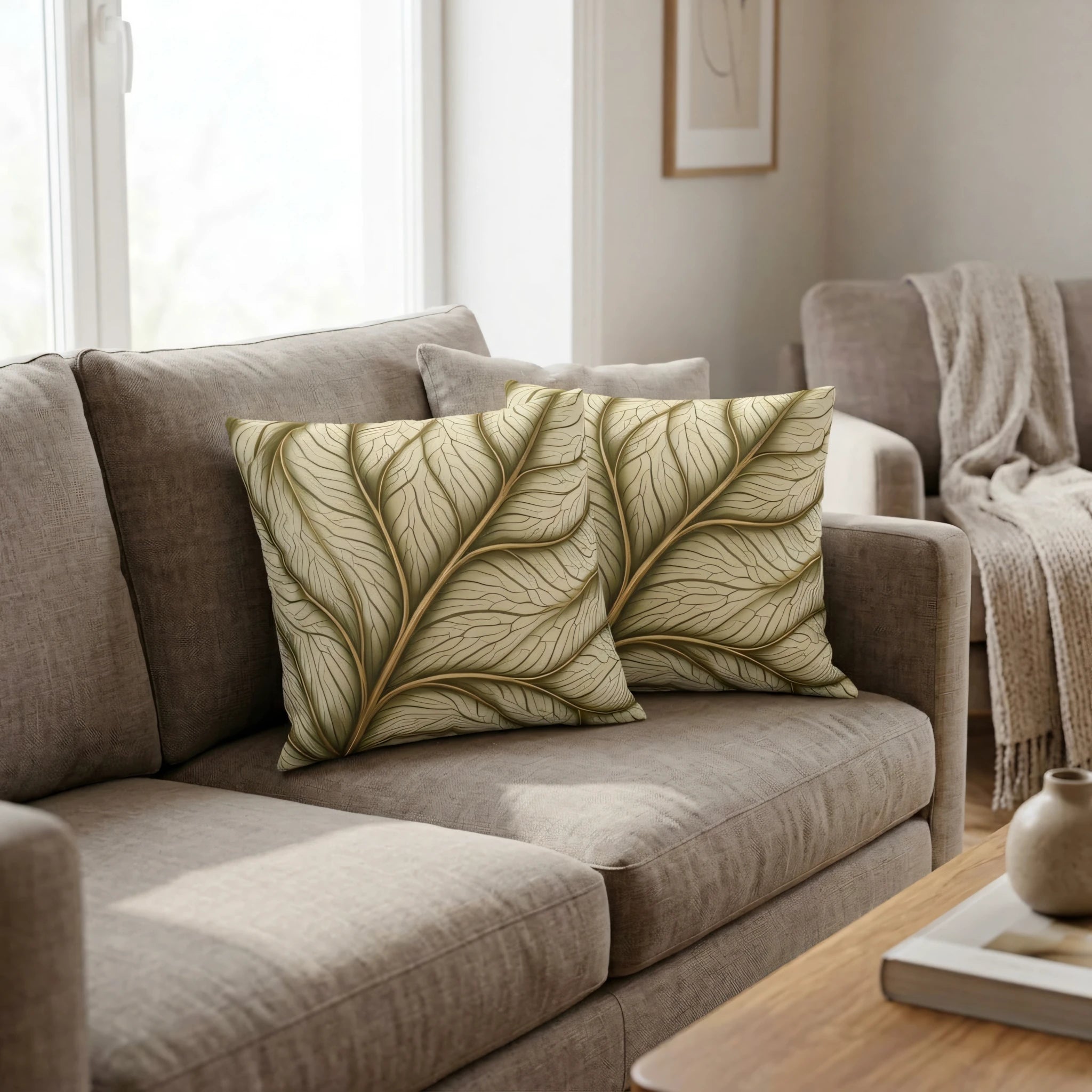 Two decorative cushions with gold leaf vein patterns on a grey fabric sofa in a bright, minimalist living room setting.