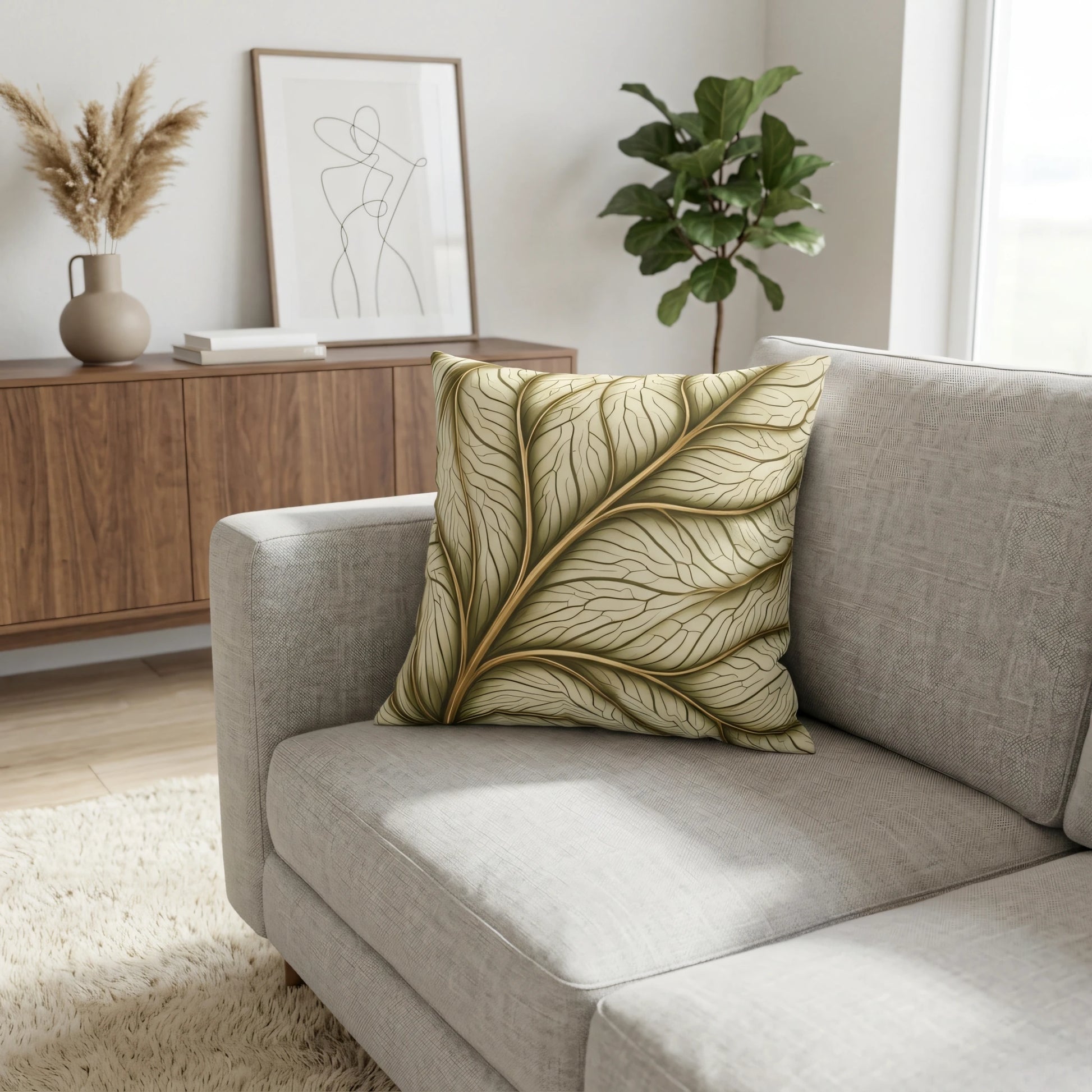 Decorative leaf print cushion with gold veins on a grey sofa in a modern living room setting with a wooden sideboard and minimalist art.