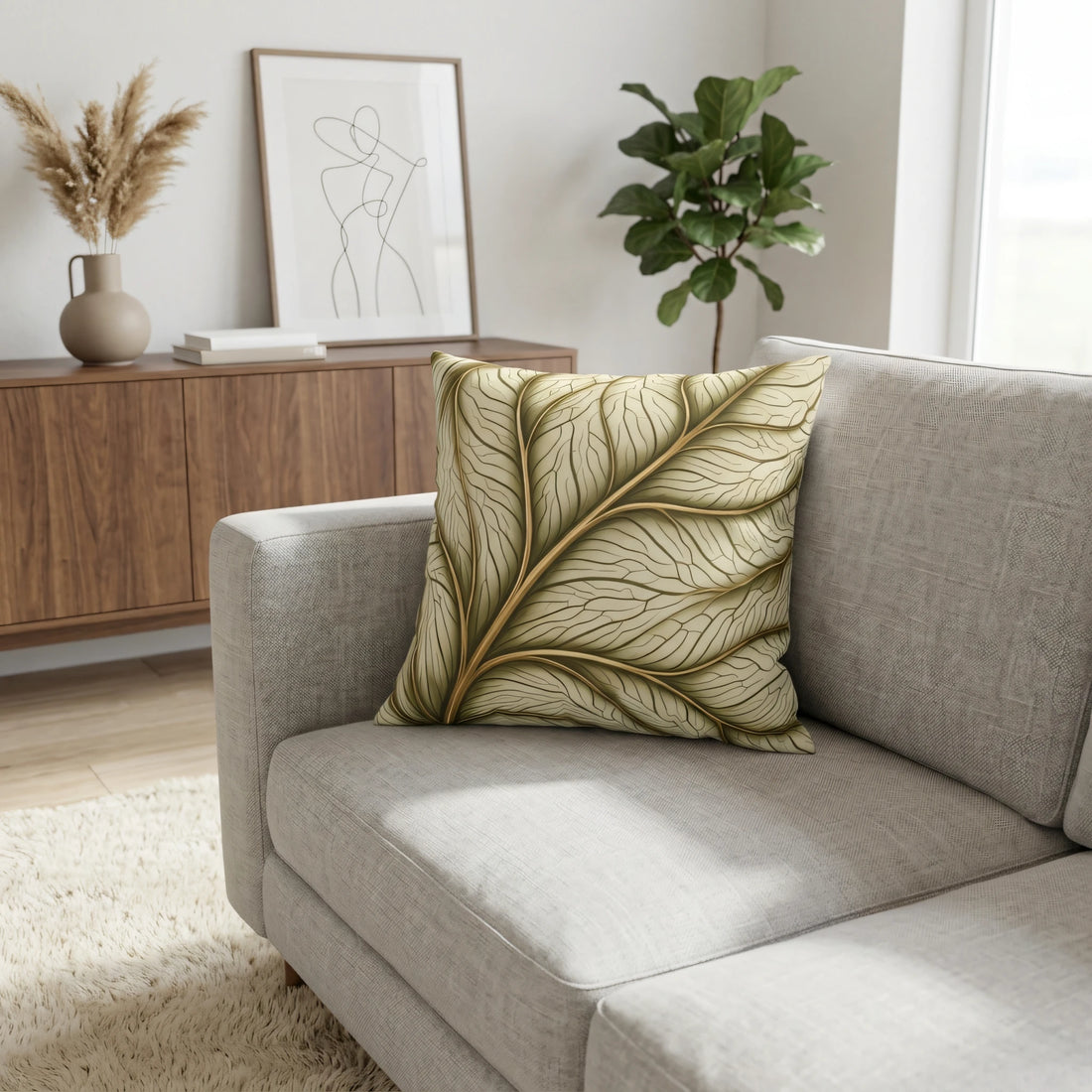 Decorative leaf print cushion with gold veins on a grey sofa in a modern living room setting with a wooden sideboard and minimalist art.