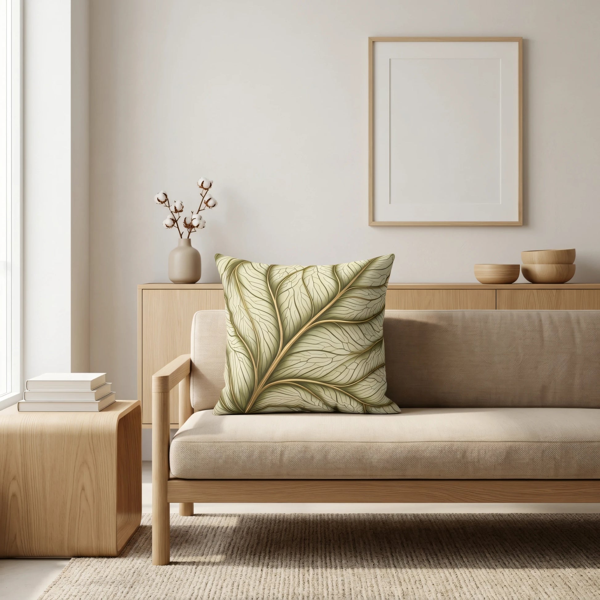 Decorative throw pillow with a green leaf pattern and gold veins on a light beige sofa in a bright minimalist living room setting.