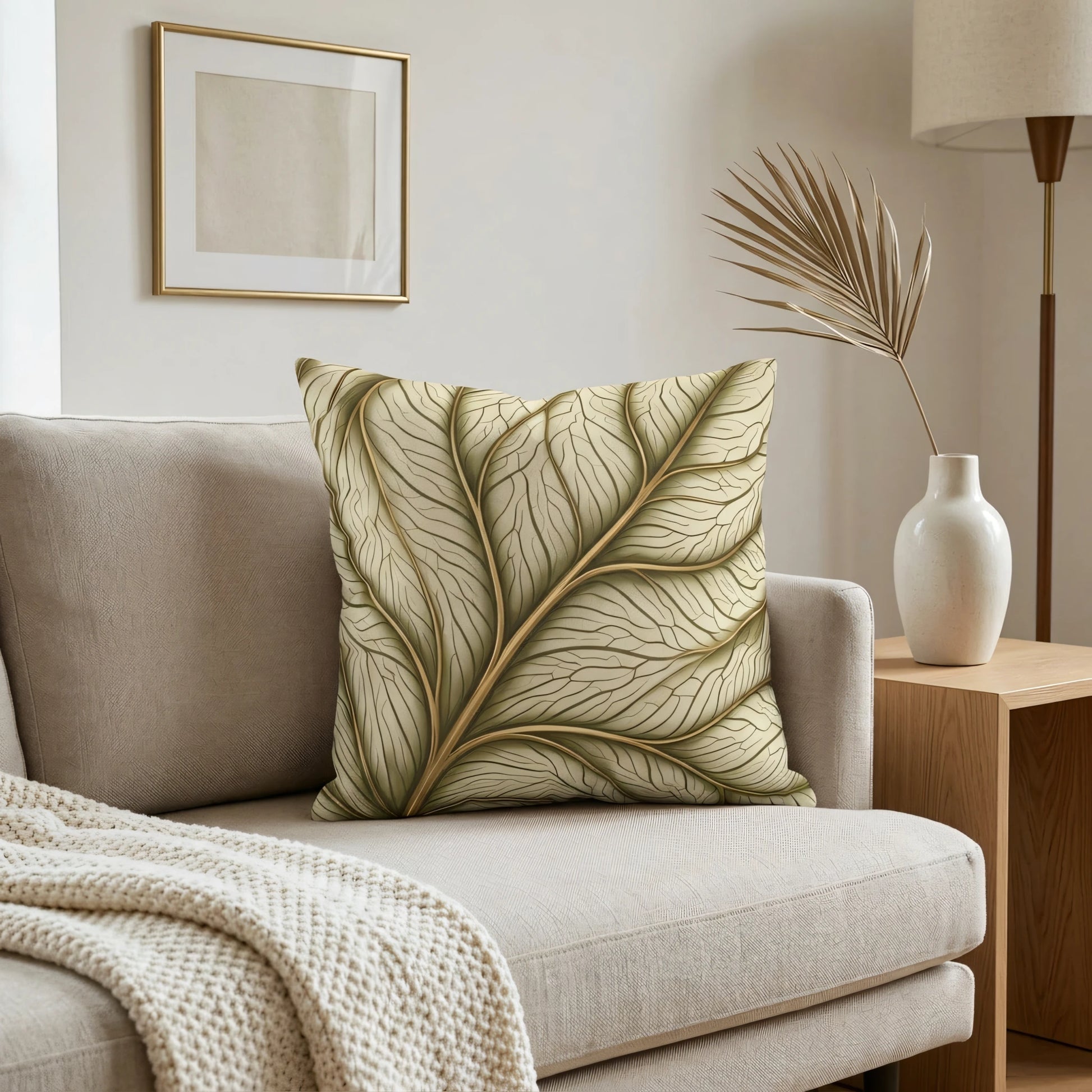 Sage green and gold leaf pattern decorative cushion on a beige sofa in a cozy, minimalist living room with a side table and lamp.