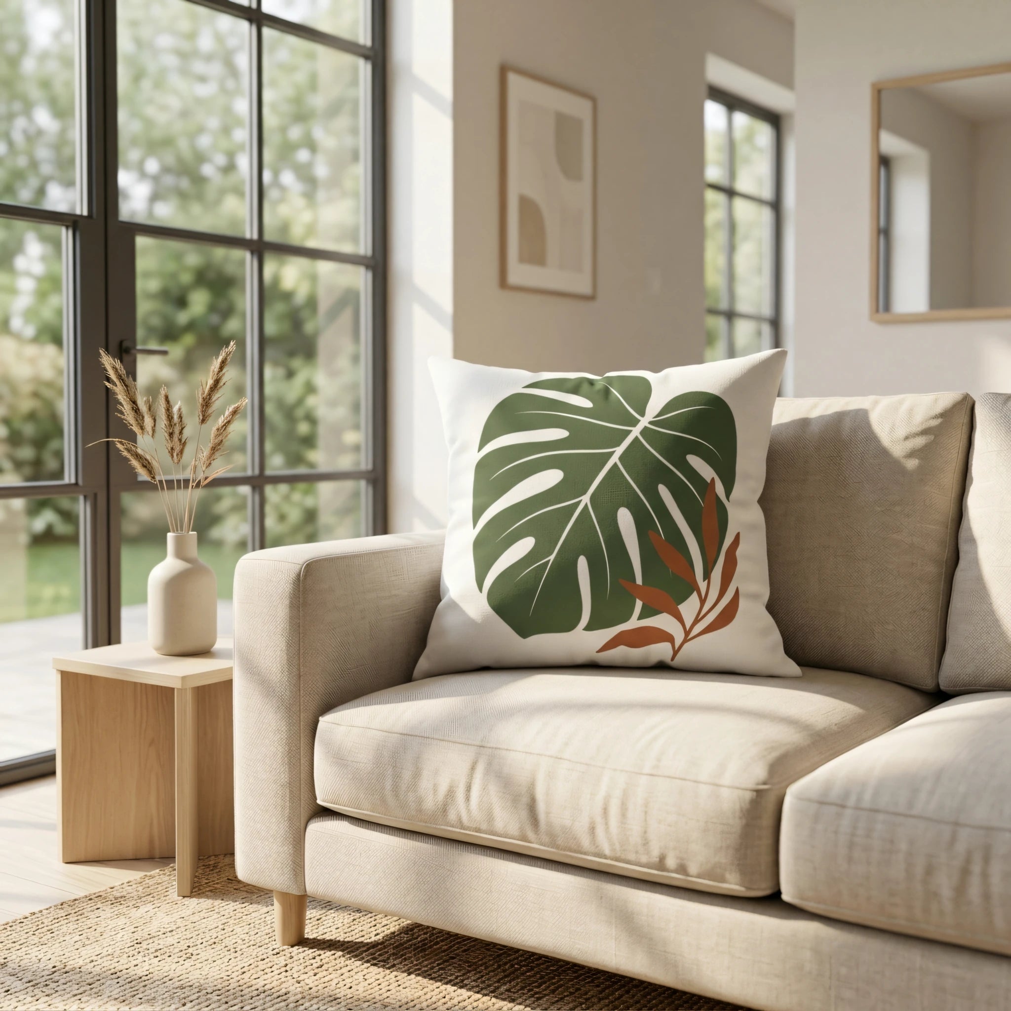 Botanical monstera leaf throw pillow on a beige sofa in a bright, minimalist living room with large windows and natural light.